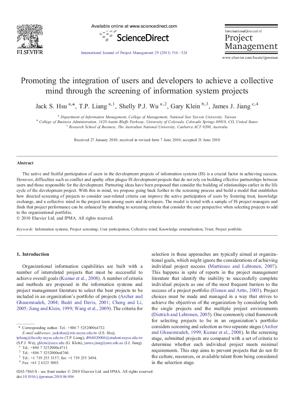 Promoting the integration of users and developers to achieve a collective mind through the screening of information system projects