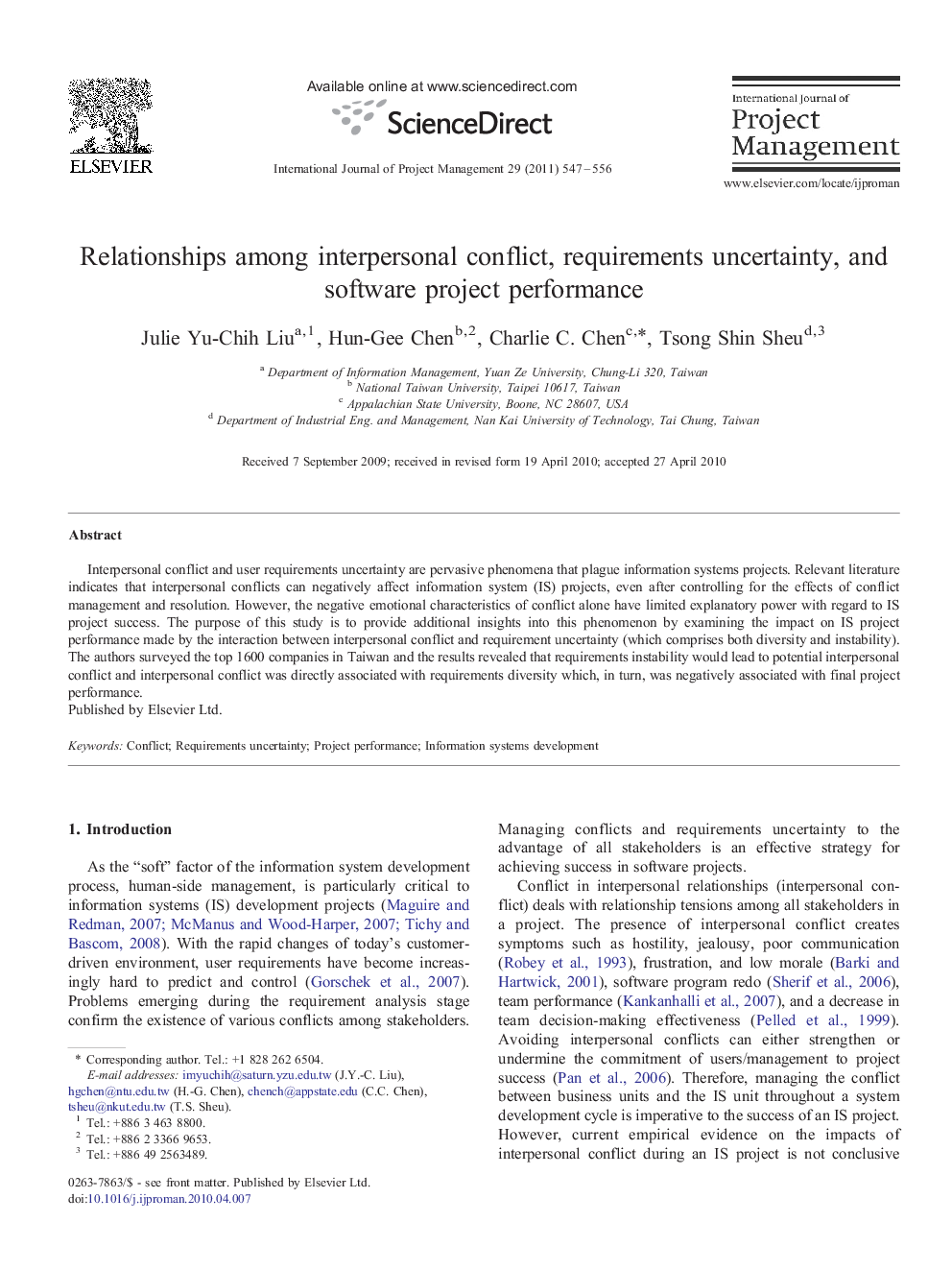 Relationships among interpersonal conflict, requirements uncertainty, and software project performance