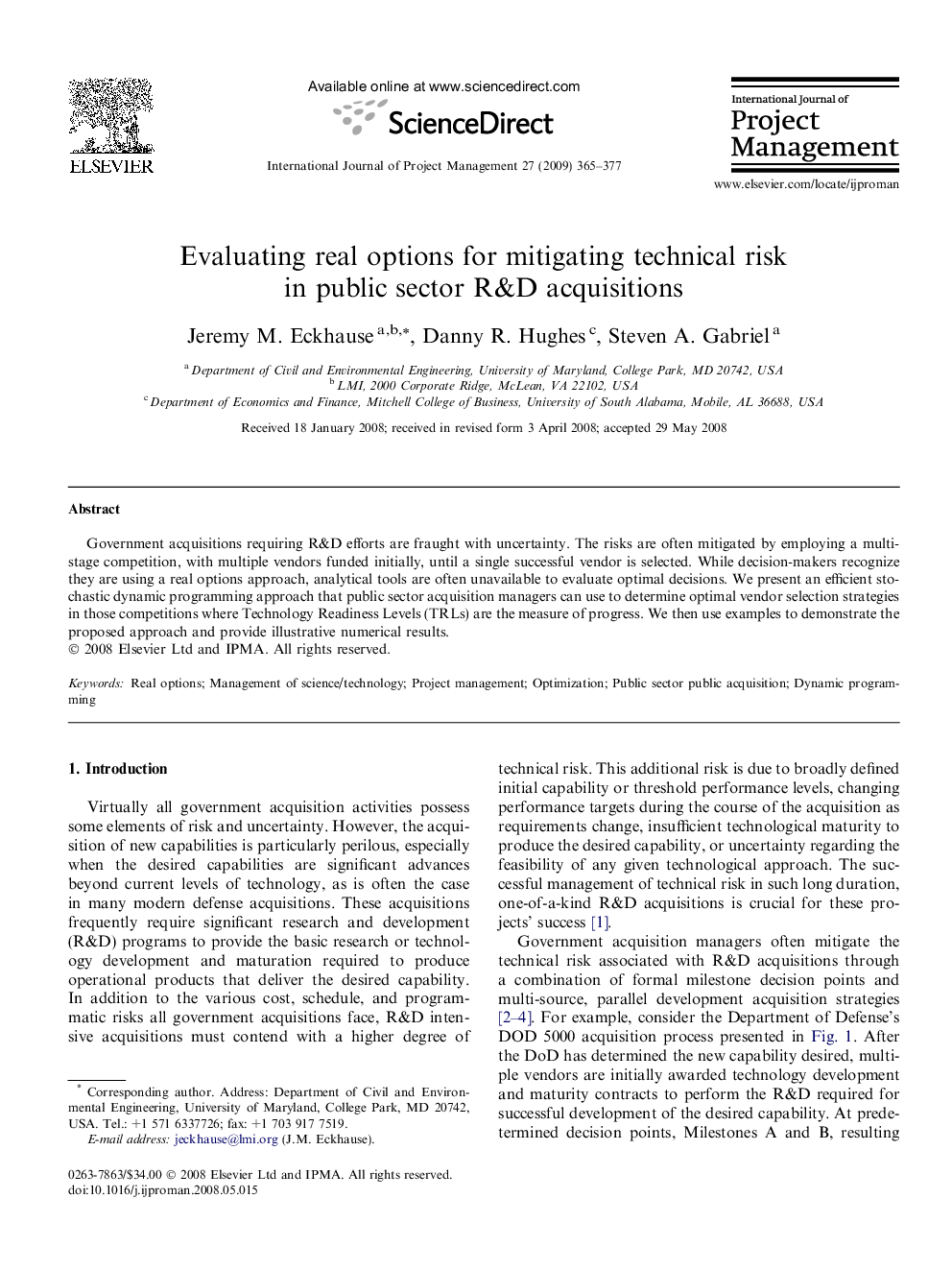 Evaluating real options for mitigating technical risk in public sector R&D acquisitions