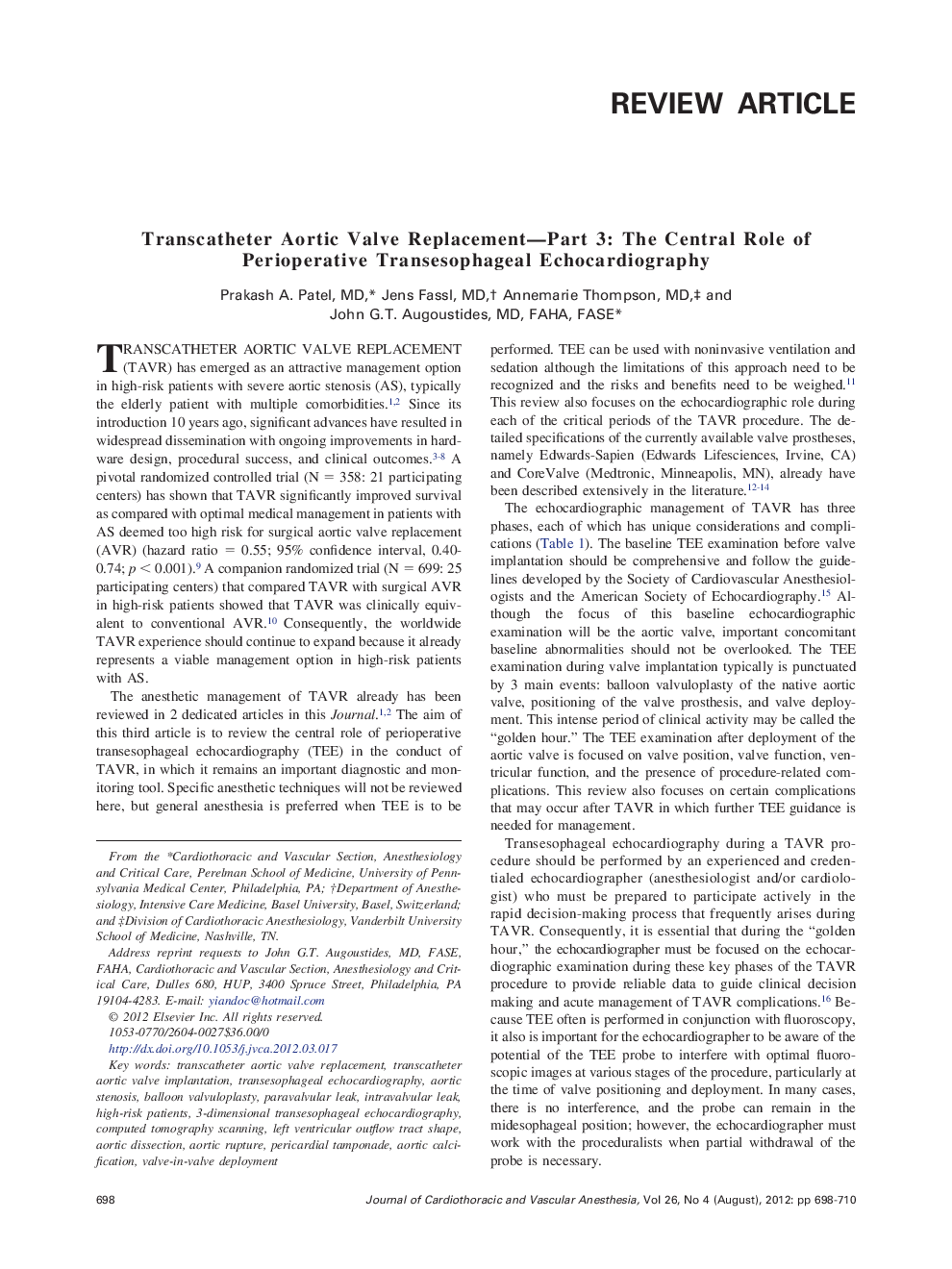 Transcatheter Aortic Valve Replacement-Part 3: The Central Role of Perioperative Transesophageal Echocardiography