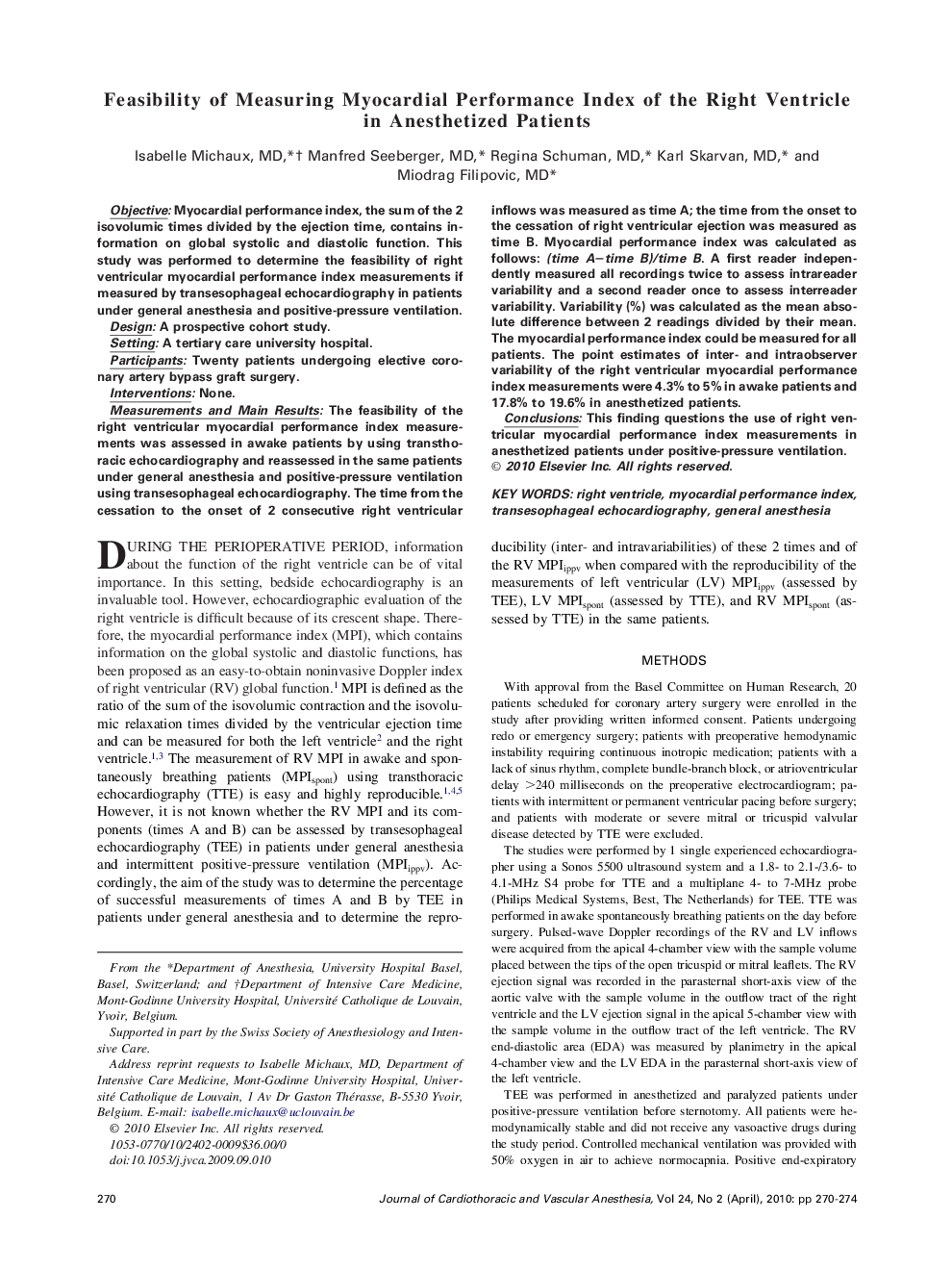 Feasibility of Measuring Myocardial Performance Index of the Right Ventricle in Anesthetized Patients