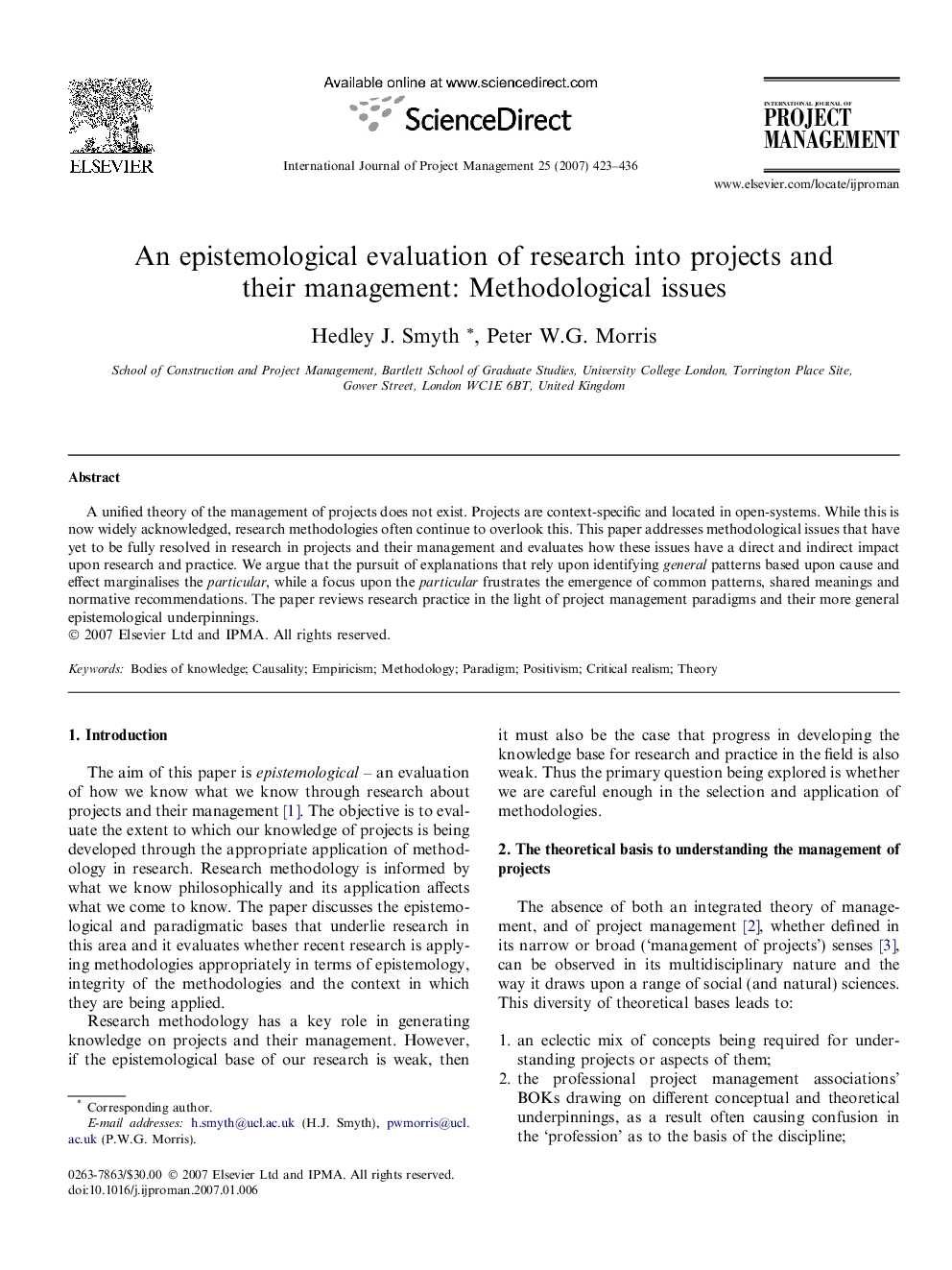 An epistemological evaluation of research into projects and their management: Methodological issues