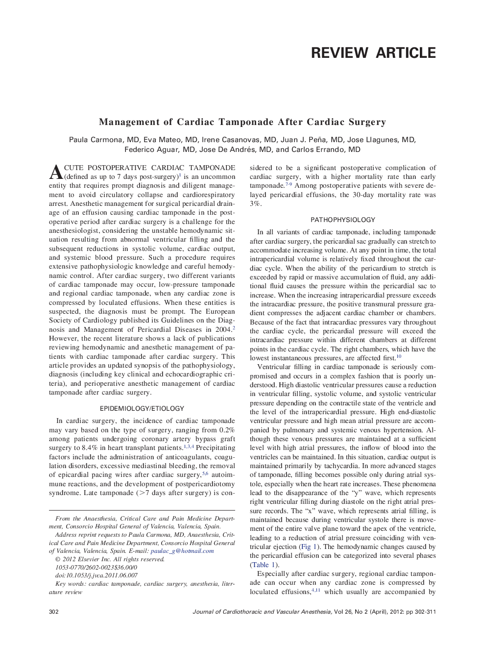 Management of Cardiac Tamponade After Cardiac Surgery