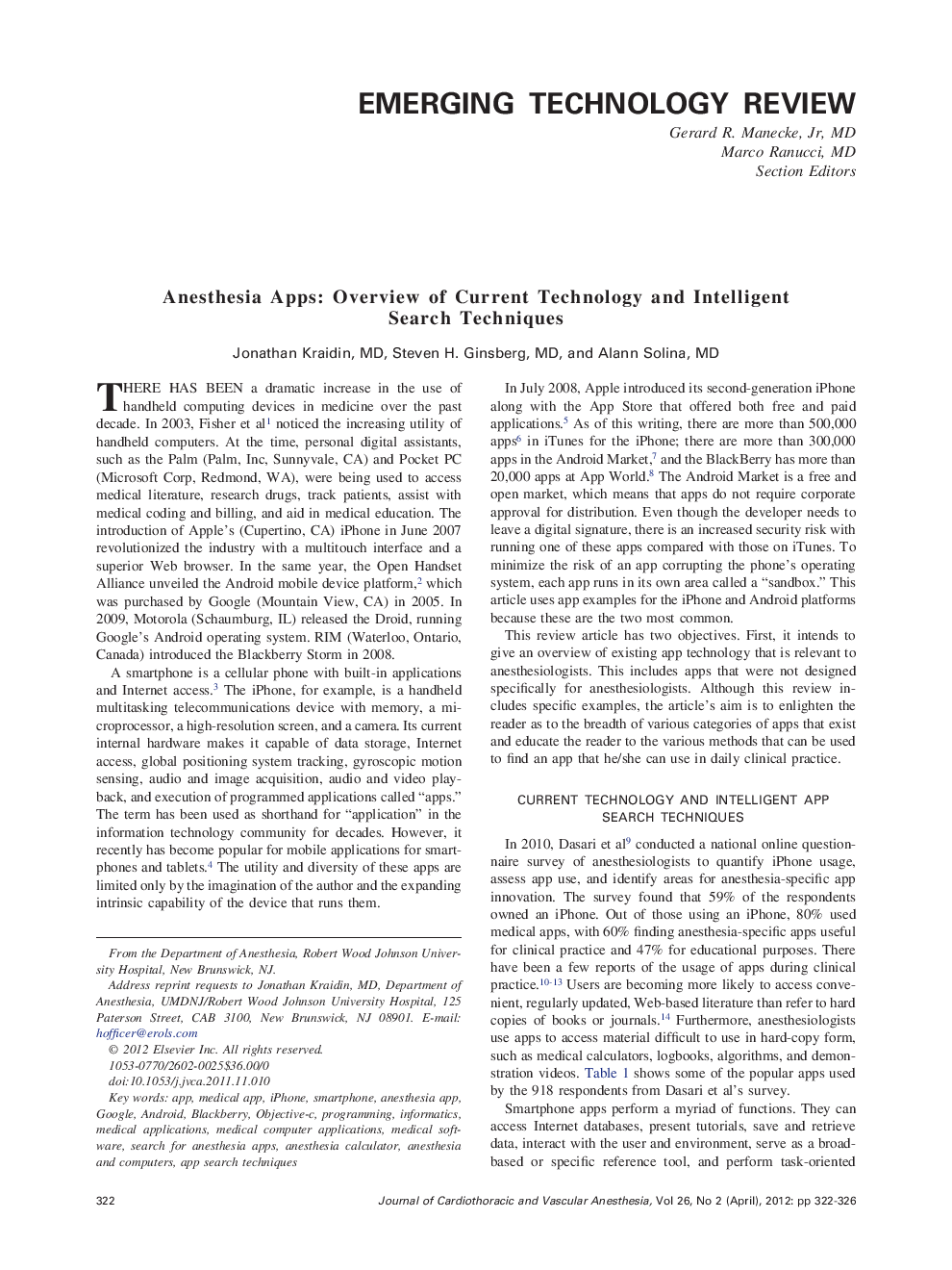 Anesthesia Apps: Overview of Current Technology and Intelligent Search Techniques