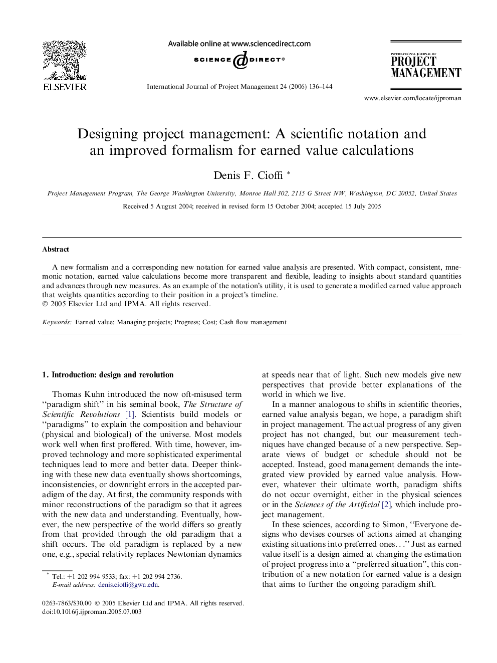 Designing project management: A scientific notation and an improved formalism for earned value calculations