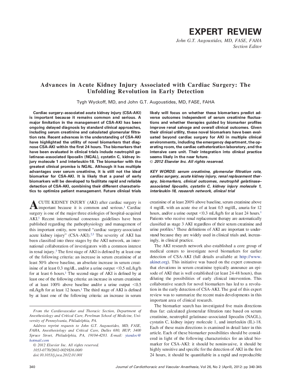 Advances in Acute Kidney Injury Associated with Cardiac Surgery: The Unfolding Revolution in Early Detection 