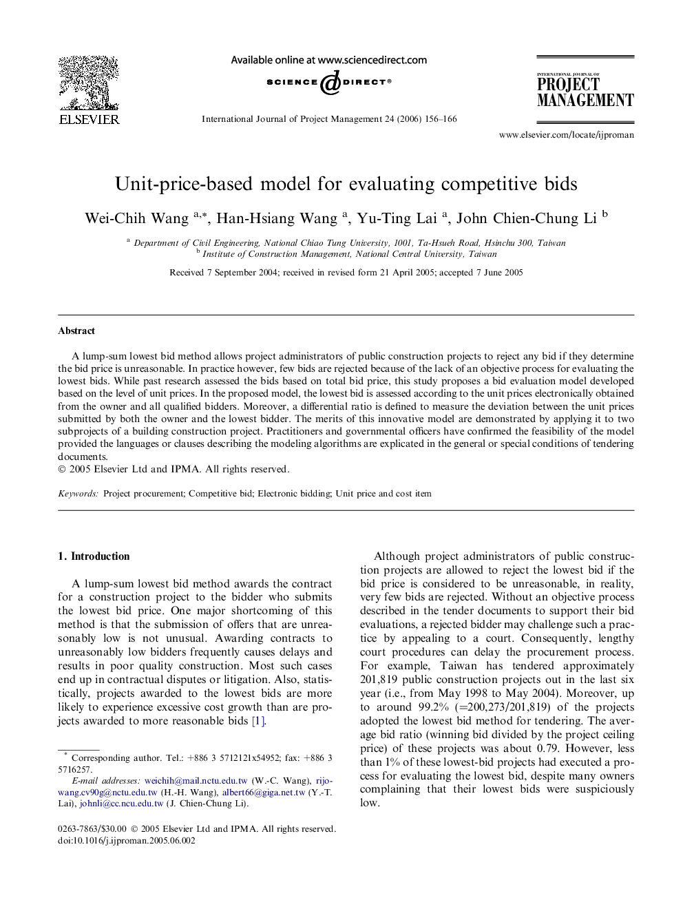 Unit-price-based model for evaluating competitive bids