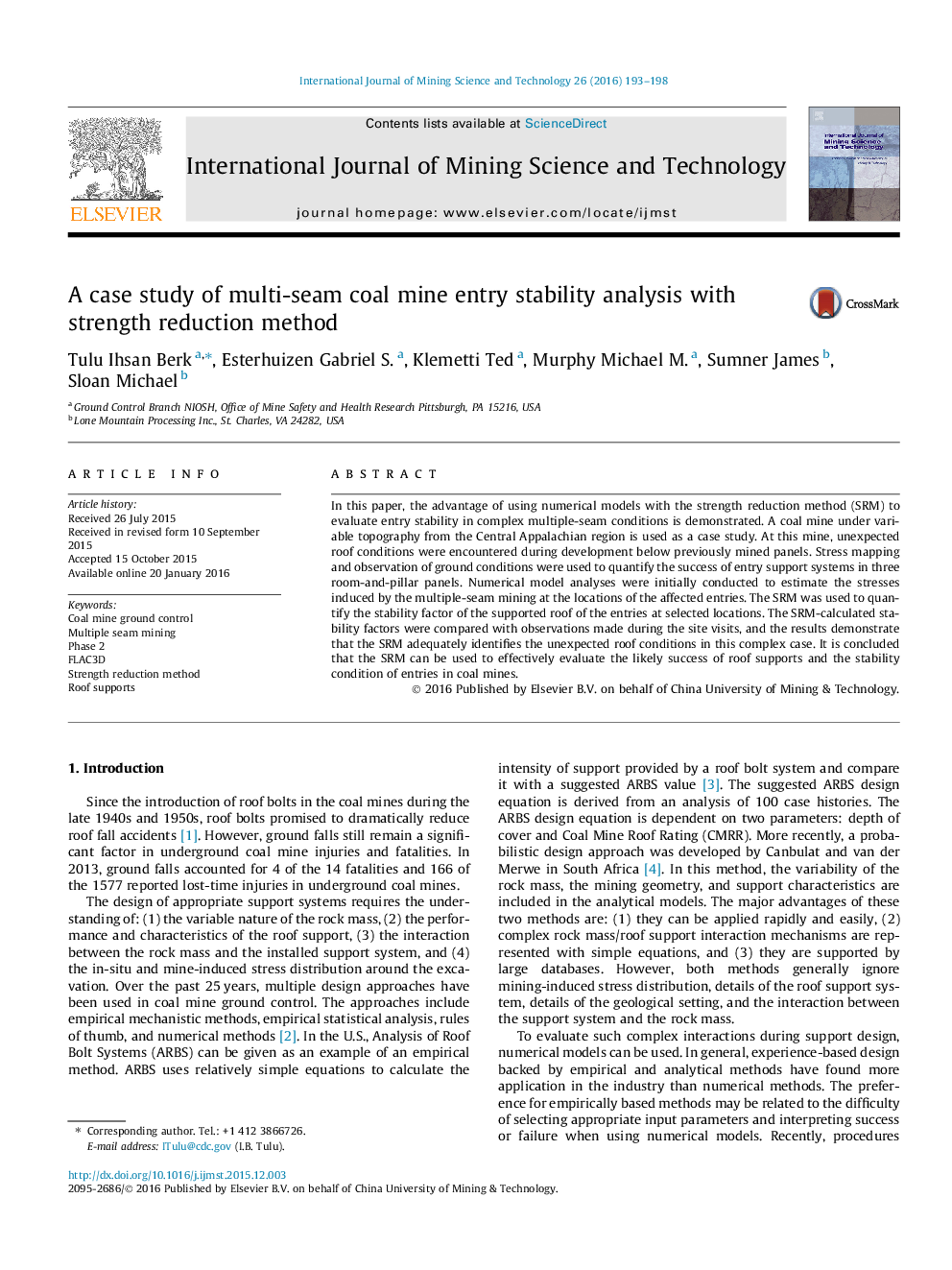 A case study of multi-seam coal mine entry stability analysis with strength reduction method