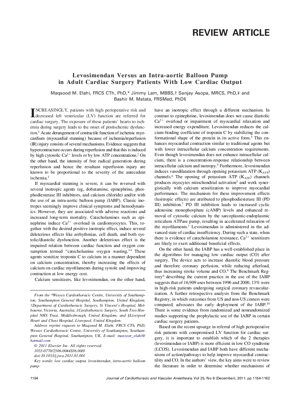 Levosimendan Versus an Intra-aortic Balloon Pump in Adult Cardiac Surgery Patients With Low Cardiac Output