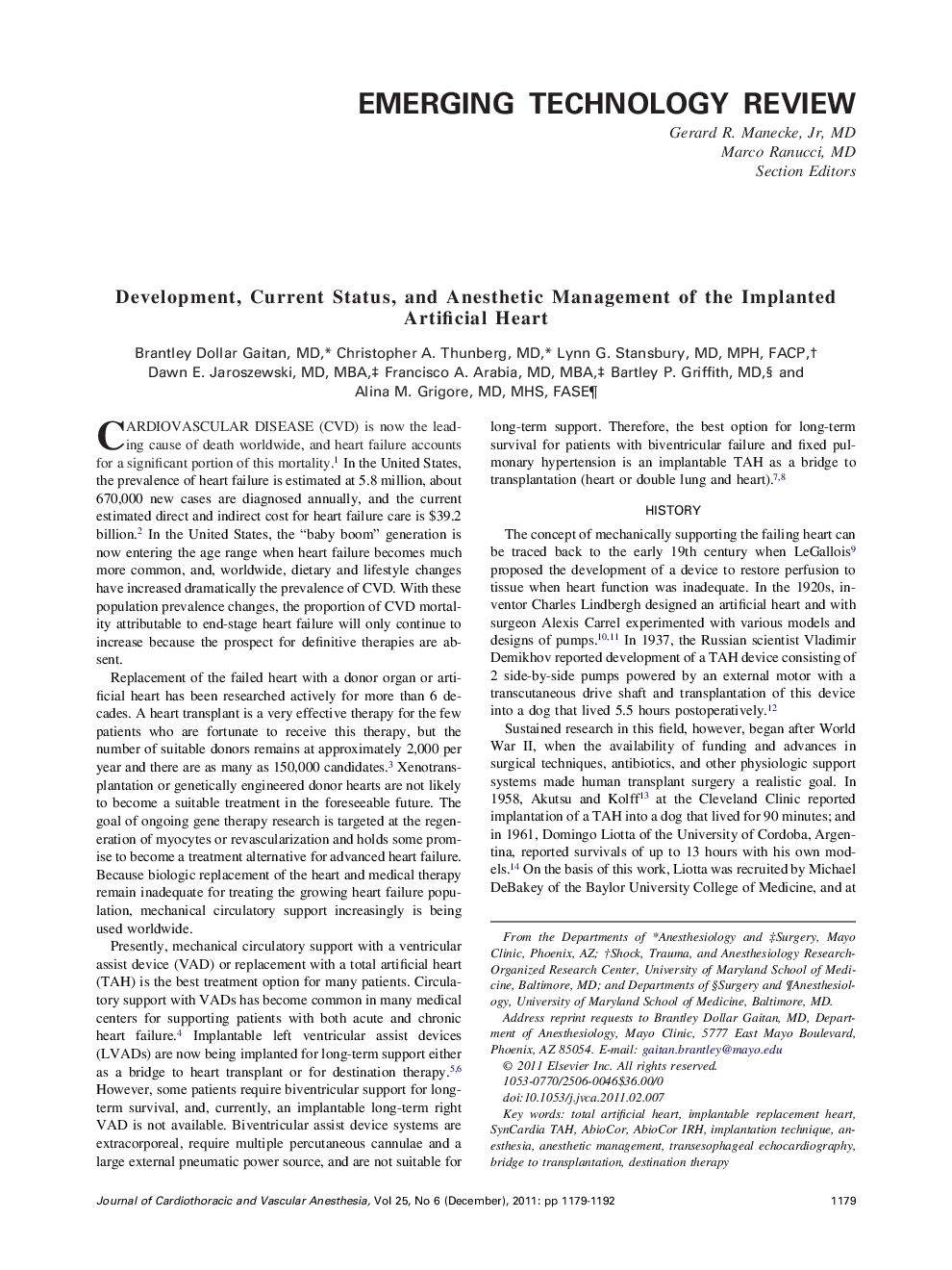 Development, Current Status, and Anesthetic Management of the Implanted Artificial Heart