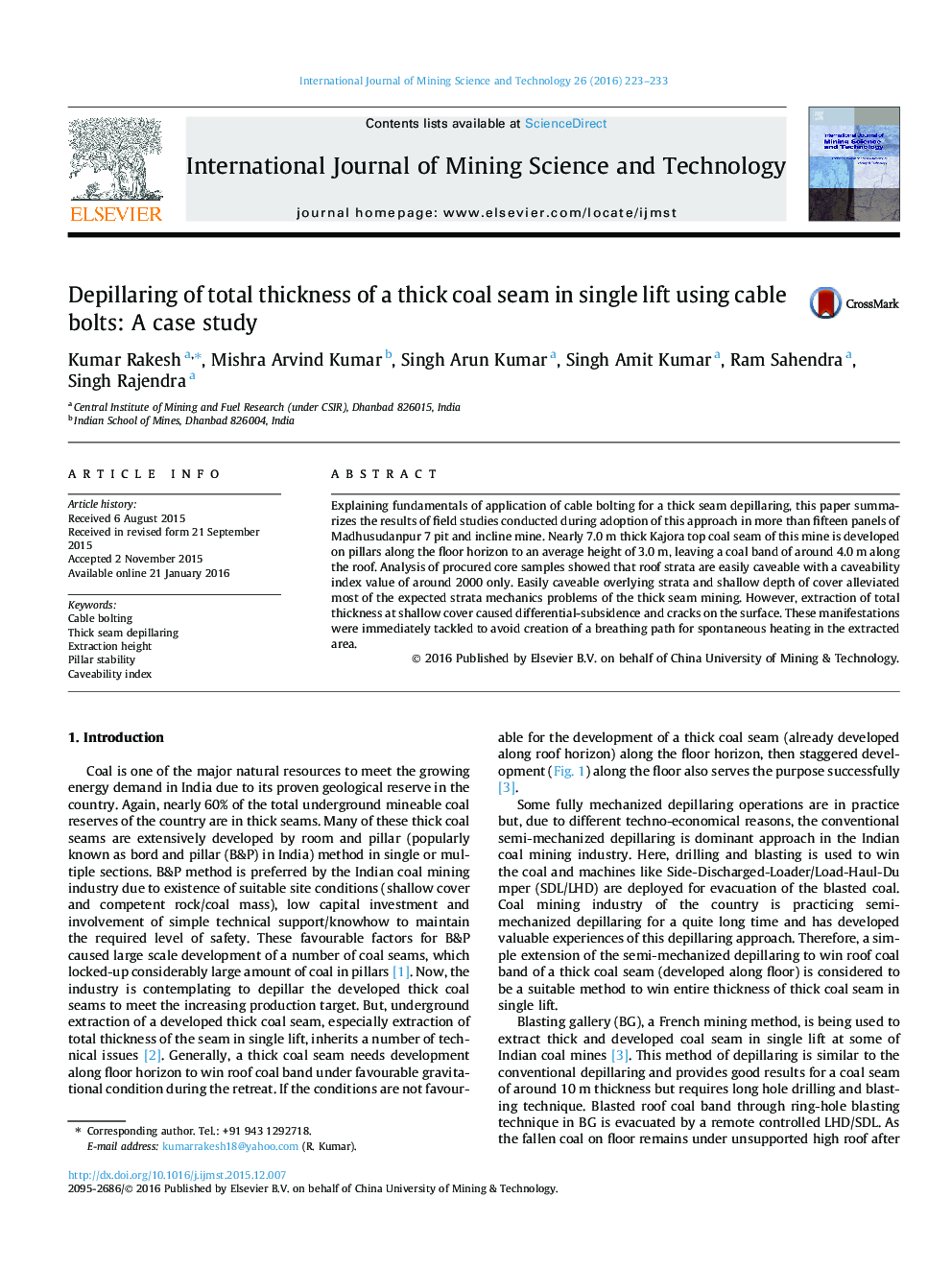 Depillaring of total thickness of a thick coal seam in single lift using cable bolts: A case study