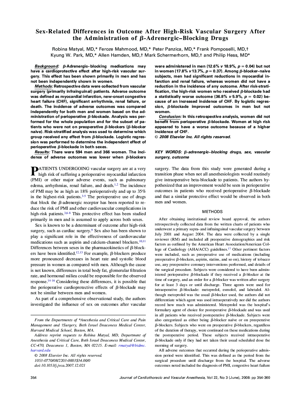 Sex-Related Differences in Outcome After High-Risk Vascular Surgery After the Administration of β-Adrenergic–Blocking Drugs