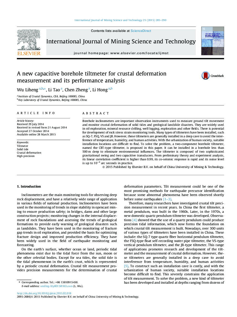 A new capacitive borehole tiltmeter for crustal deformation measurement and its performance analysis