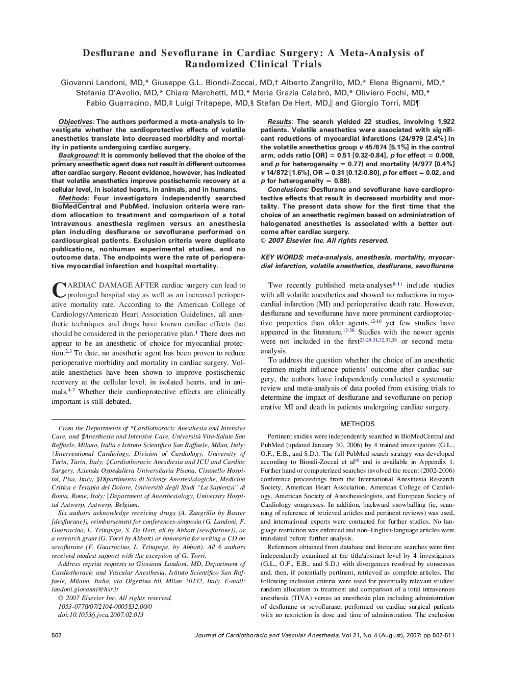 عکس صفحه اول مقاله: Desflurane and Sevoflurane in Cardiac Surgery: A Meta-Analysis of Randomized Clinical Trials Desflurane and Sevoflurane in Cardiac Surgery: A Meta-Analysis of Randomized Clinical Trials