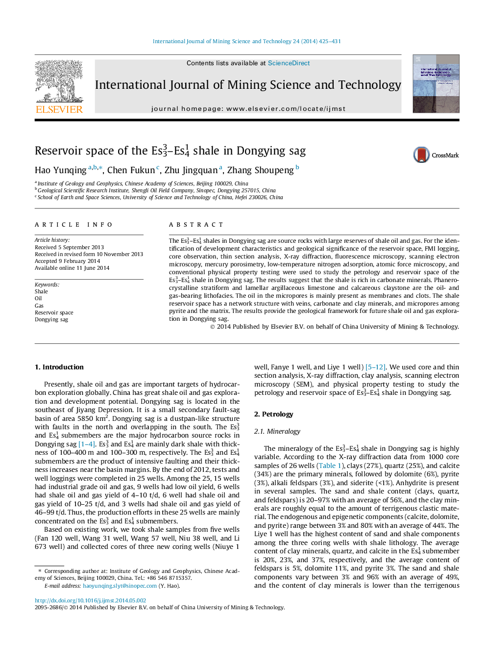 Reservoir space of the Es33–Es41 shale in Dongying sag