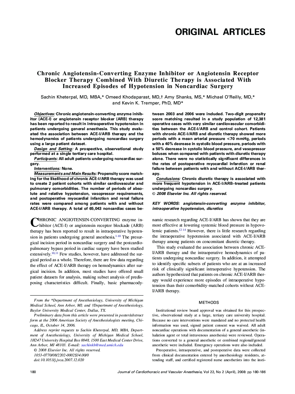 Chronic Angiotensin-Converting Enzyme Inhibitor or Angiotensin Receptor Blocker Therapy Combined With Diuretic Therapy is Associated With Increased Episodes of Hypotension in Noncardiac Surgery