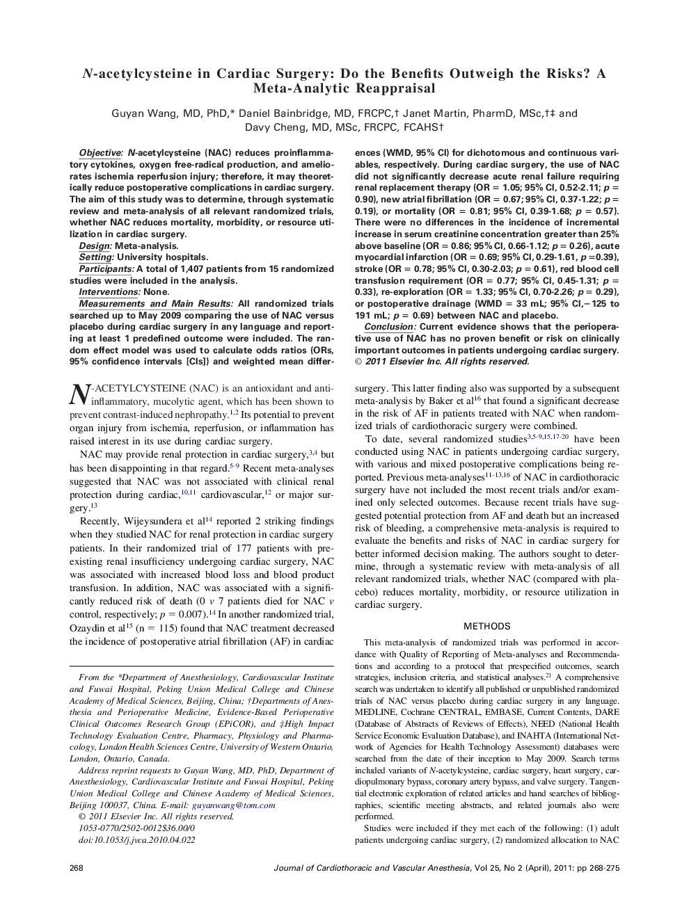 N-acetylcysteine in Cardiac Surgery: Do the Benefits Outweigh the Risks? A Meta-Analytic Reappraisal
