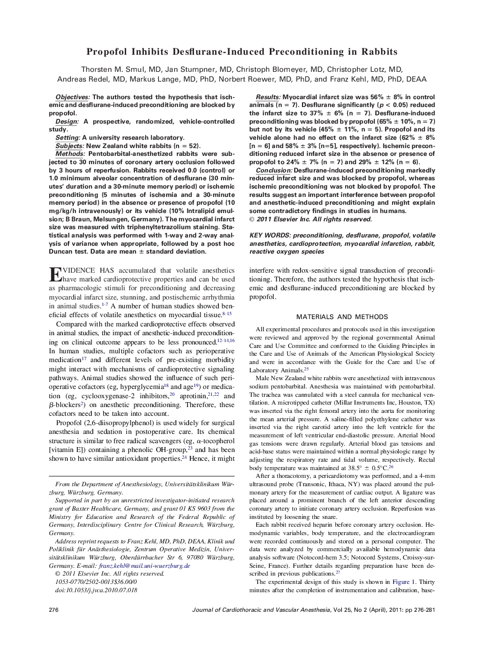 عکس صفحه اول مقاله: Propofol Inhibits Desflurane-Induced Preconditioning in Rabbits Propofol Inhibits Desflurane-Induced Preconditioning in Rabbits