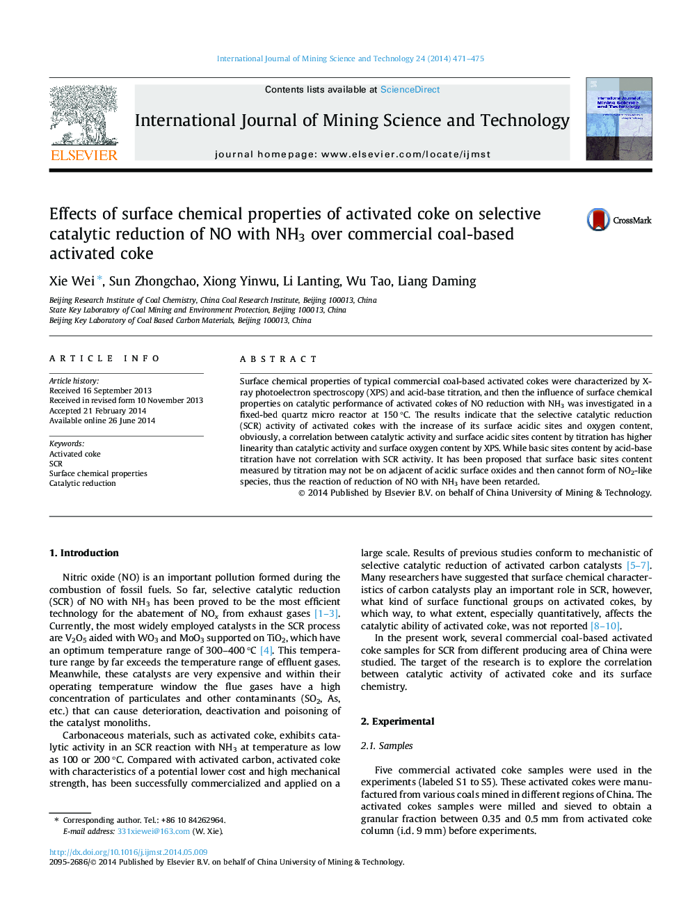 Effects of surface chemical properties of activated coke on selective catalytic reduction of NO with NH3 over commercial coal-based activated coke