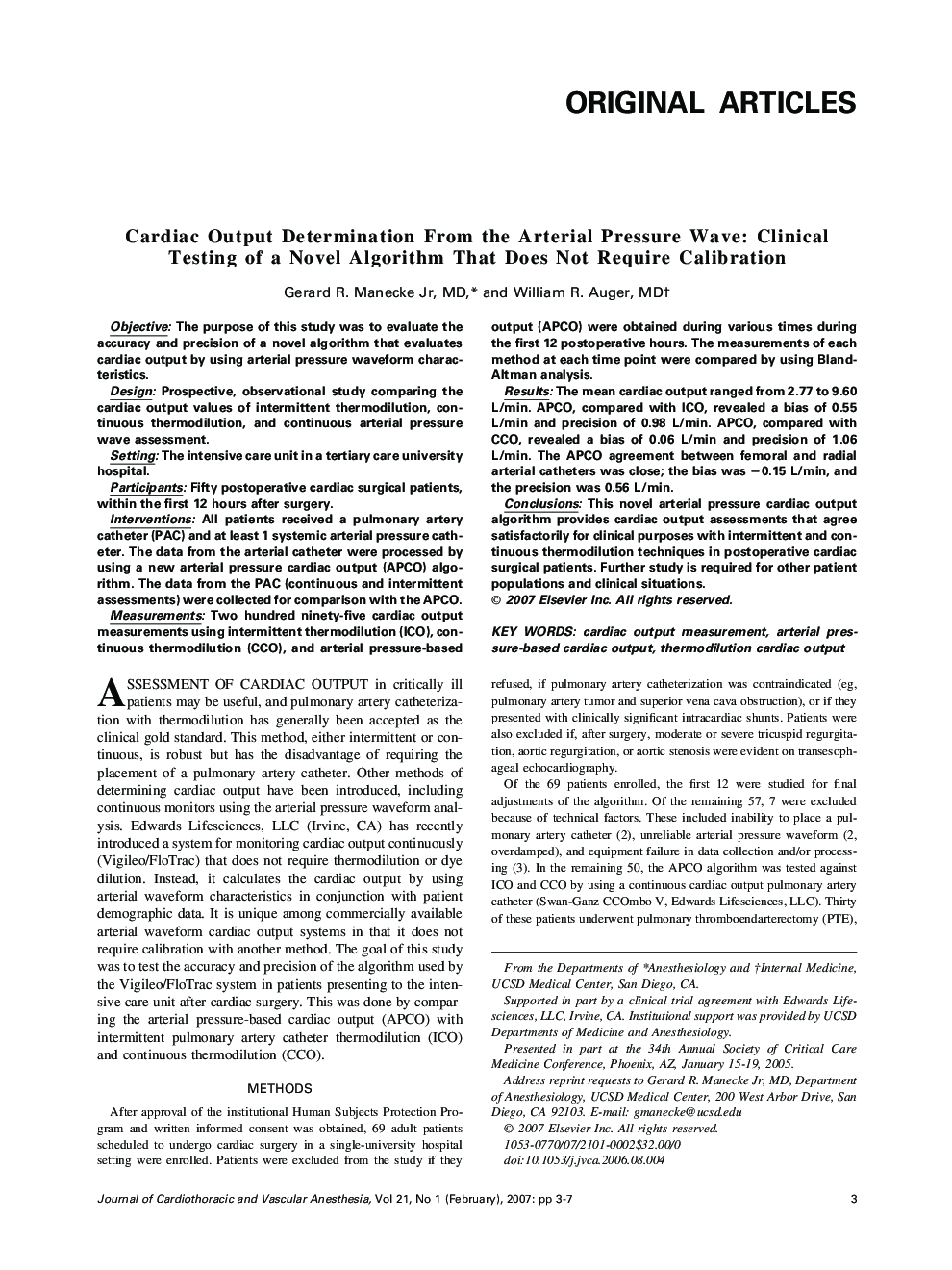 Cardiac Output Determination From the Arterial Pressure Wave: Clinical Testing of a Novel Algorithm That Does Not Require Calibration 