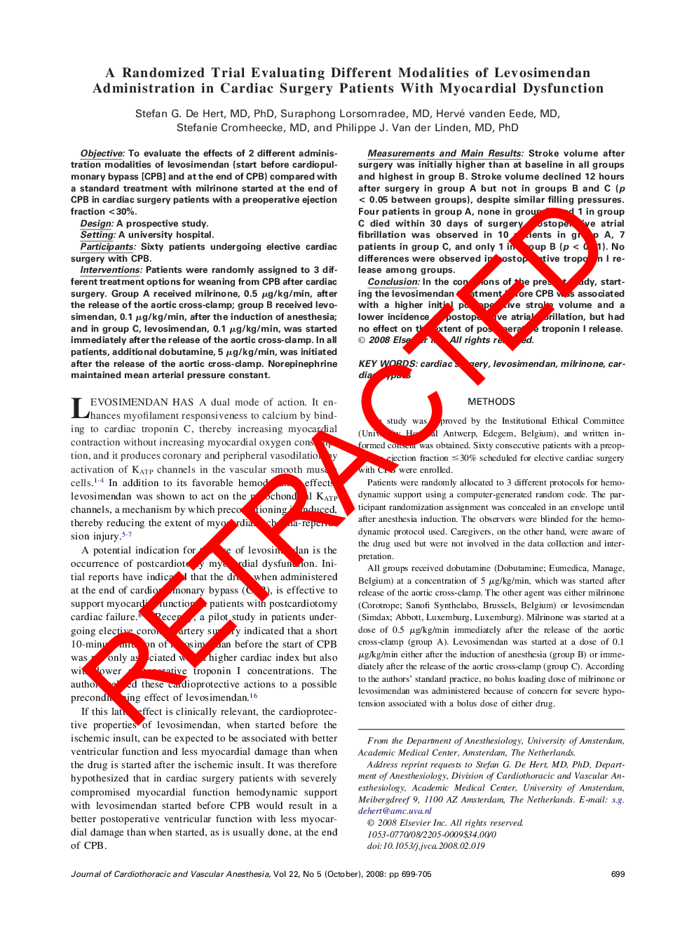 RETRACTED: A Randomized Trial Evaluating Different Modalities of Levosimendan Administration in Cardiac Surgery Patients With Myocardial Dysfunction