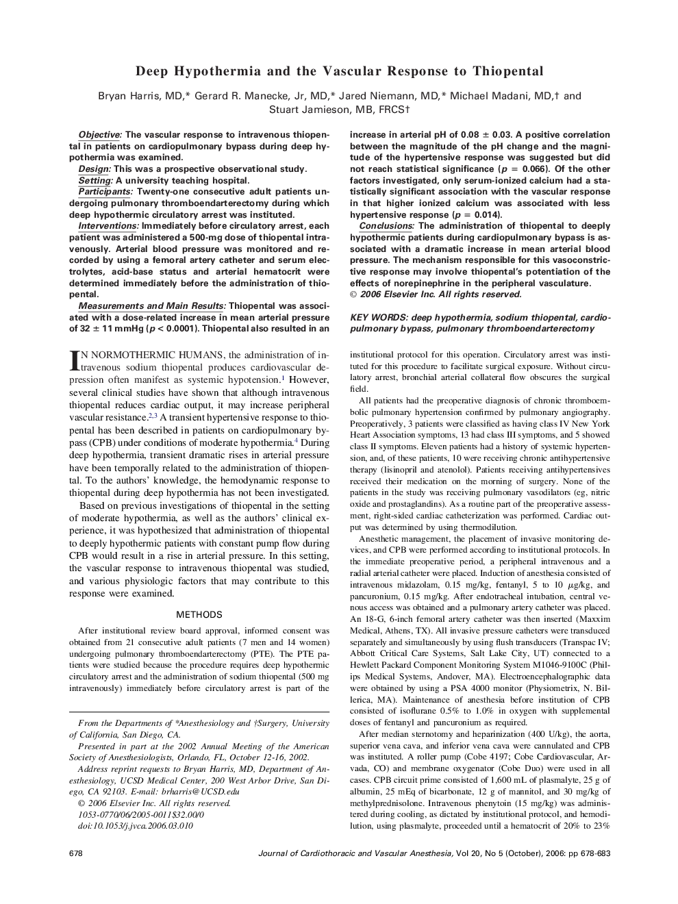 Deep Hypothermia and the Vascular Response to Thiopental