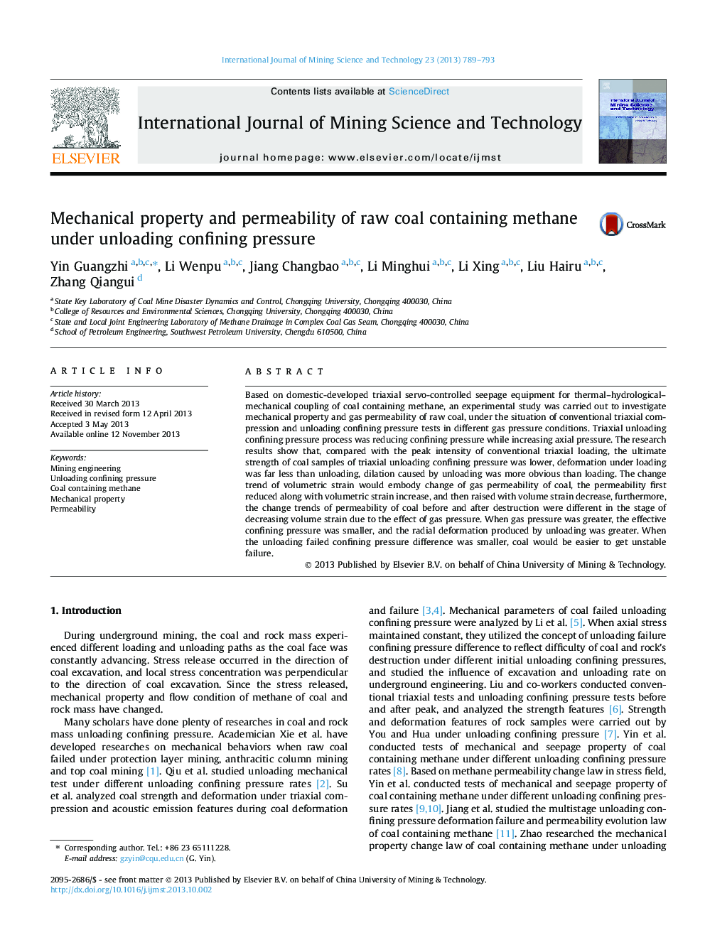 Mechanical property and permeability of raw coal containing methane under unloading confining pressure