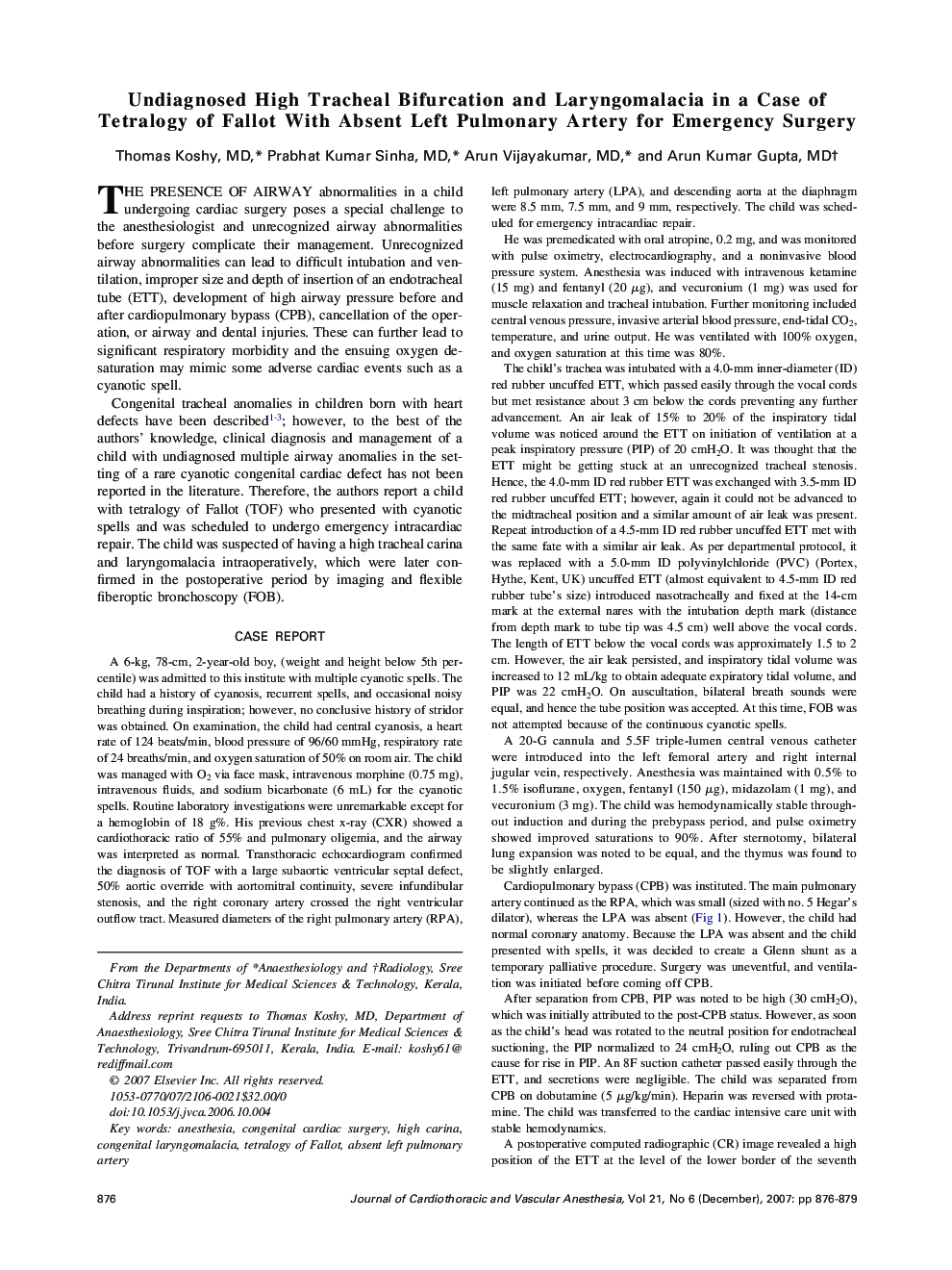 Undiagnosed High Tracheal Bifurcation and Laryngomalacia in a Case of Tetralogy of Fallot With Absent Left Pulmonary Artery for Emergency Surgery