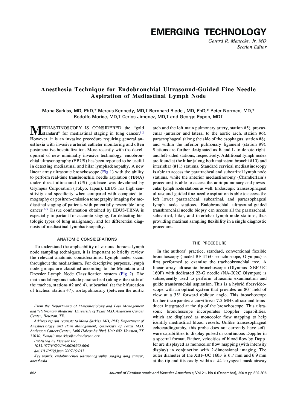 Anesthesia Technique for Endobronchial Ultrasound-Guided Fine Needle Aspiration of Mediastinal Lymph Node