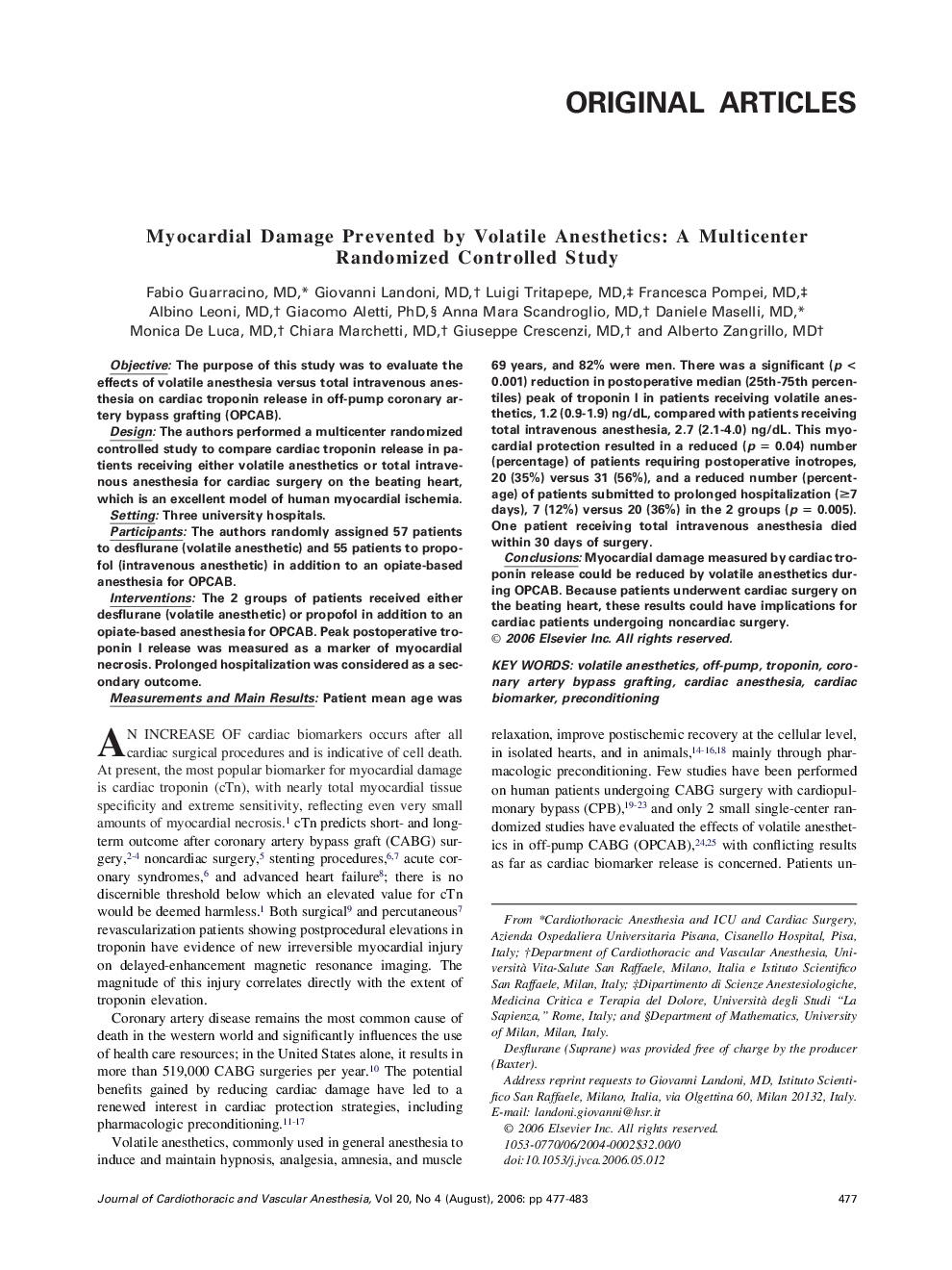 Myocardial Damage Prevented by Volatile Anesthetics: A Multicenter Randomized Controlled Study 