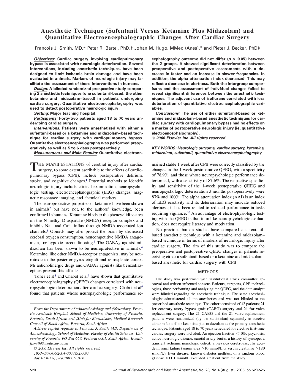 Anesthetic Technique (Sufentanil Versus Ketamine Plus Midazolam) and Quantitative Electroencephalographic Changes After Cardiac Surgery