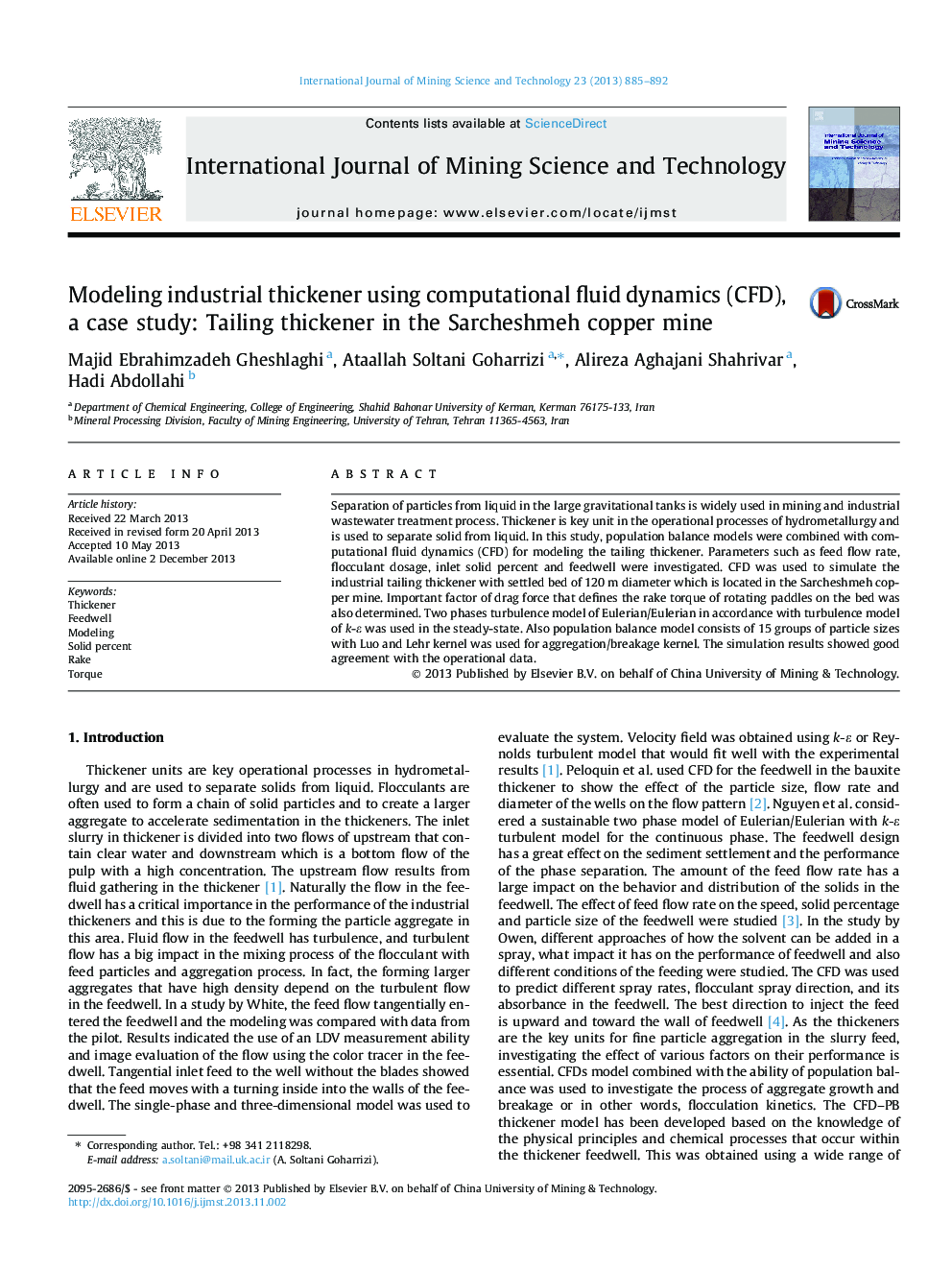 Modeling industrial thickener using computational fluid dynamics (CFD), a case study: Tailing thickener in the Sarcheshmeh copper mine