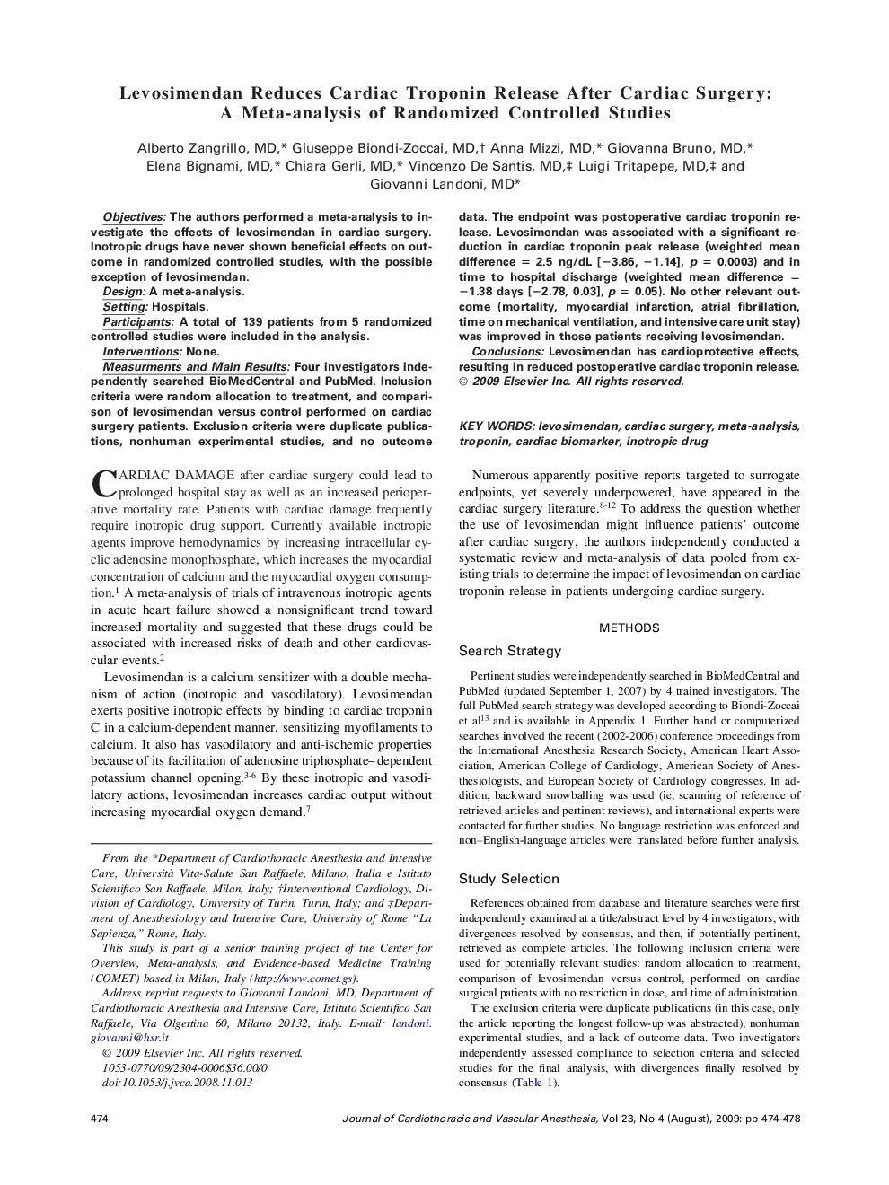 Levosimendan Reduces Cardiac Troponin Release After Cardiac Surgery: A Meta-analysis of Randomized Controlled Studies 