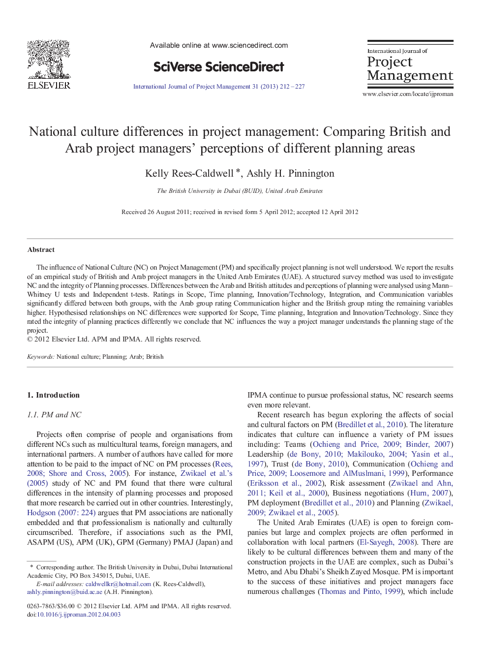 National culture differences in project management: Comparing British and Arab project managers' perceptions of different planning areas