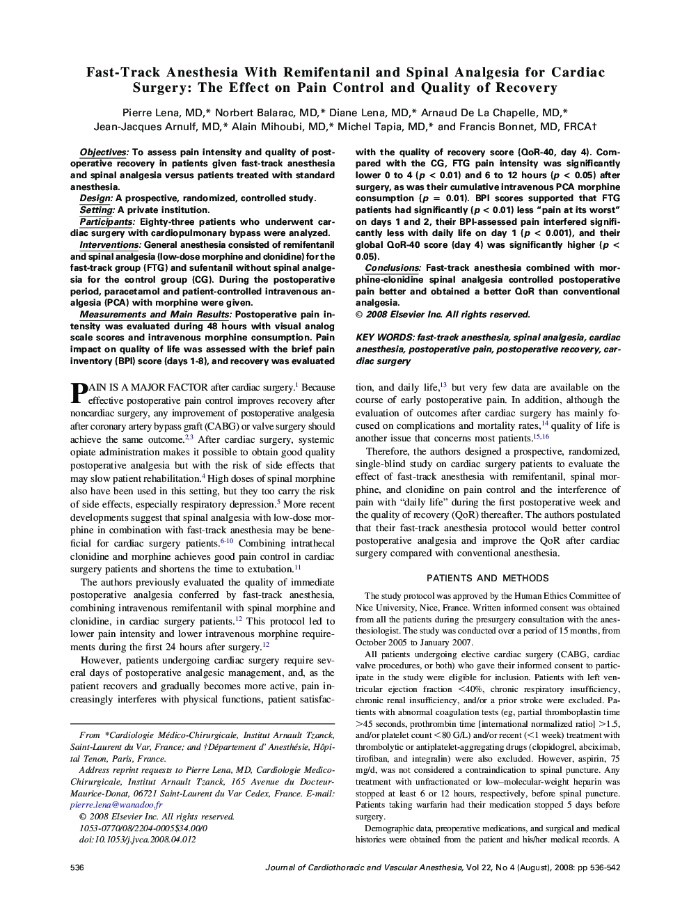 Fast-Track Anesthesia With Remifentanil and Spinal Analgesia for Cardiac Surgery: The Effect on Pain Control and Quality of Recovery