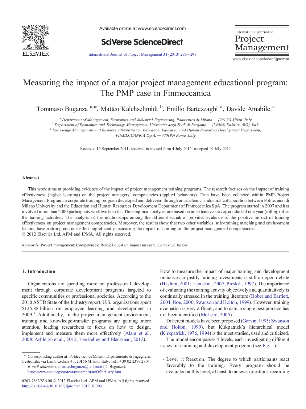 Measuring the impact of a major project management educational program: The PMP case in Finmeccanica