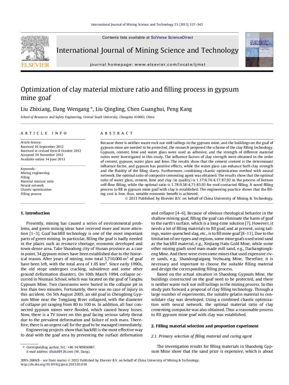 Optimization of clay material mixture ratio and filling process in gypsum mine goaf