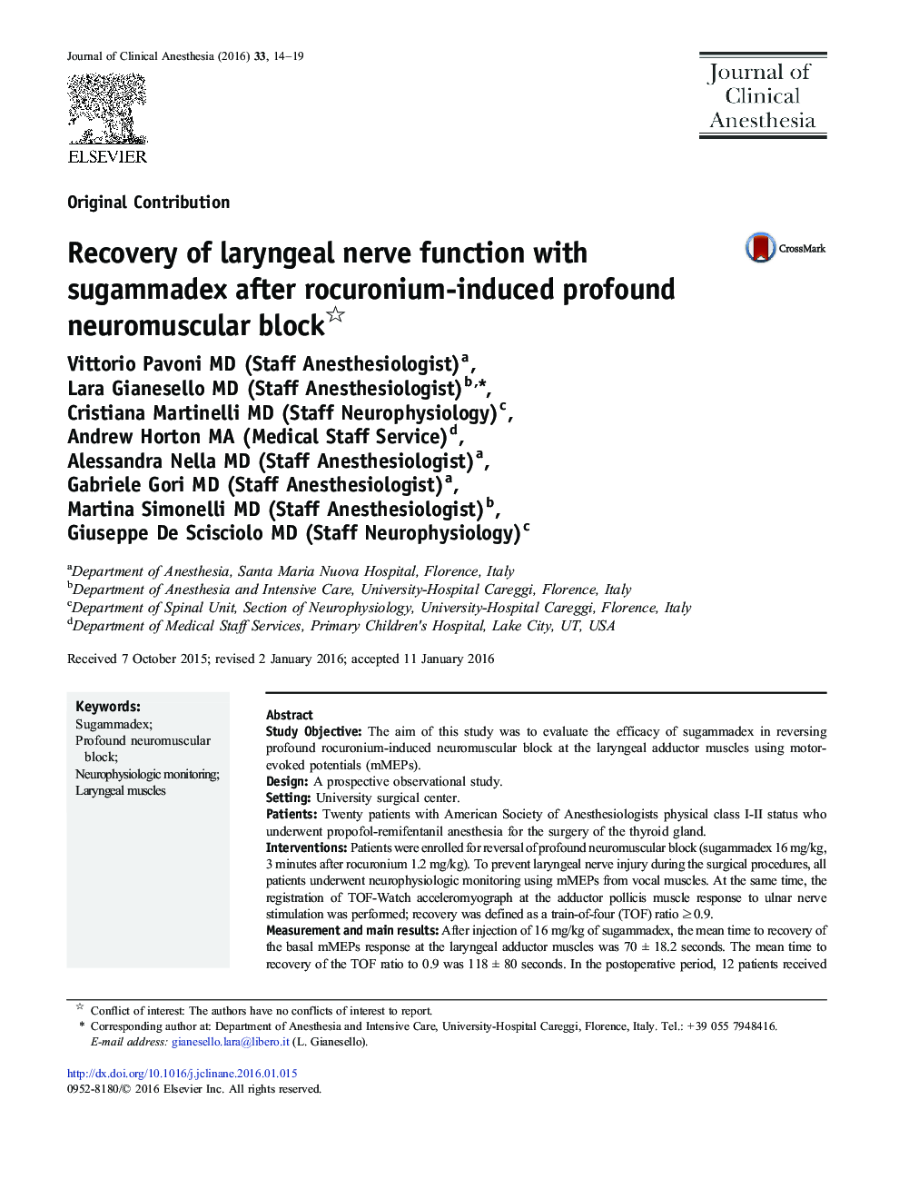 Recovery of laryngeal nerve function with sugammadex after rocuronium-induced profound neuromuscular block 