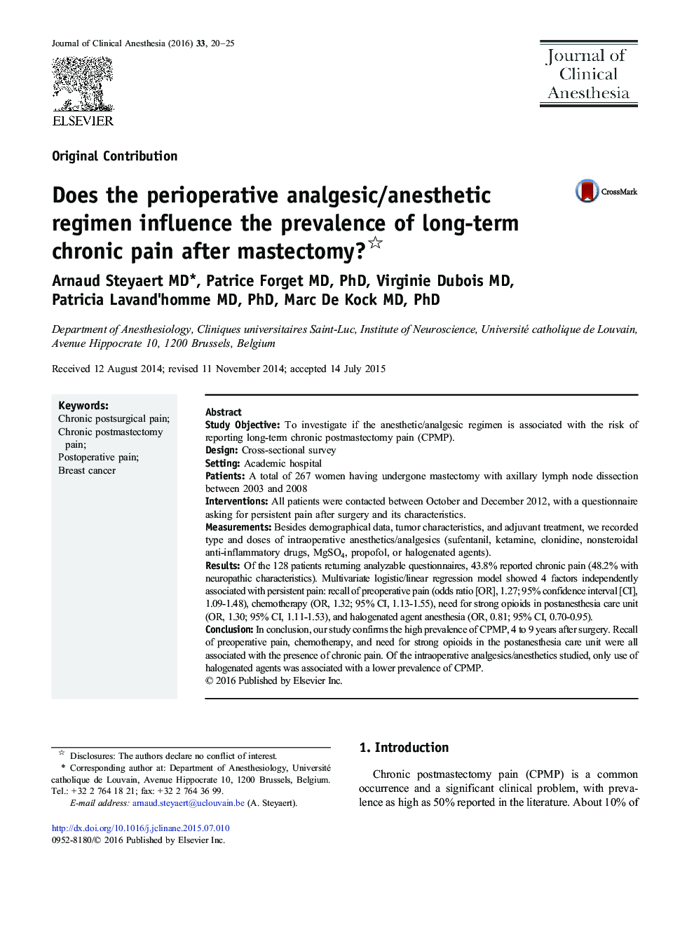 Does the perioperative analgesic/anesthetic regimen influence the prevalence of long-term chronic pain after mastectomy? 