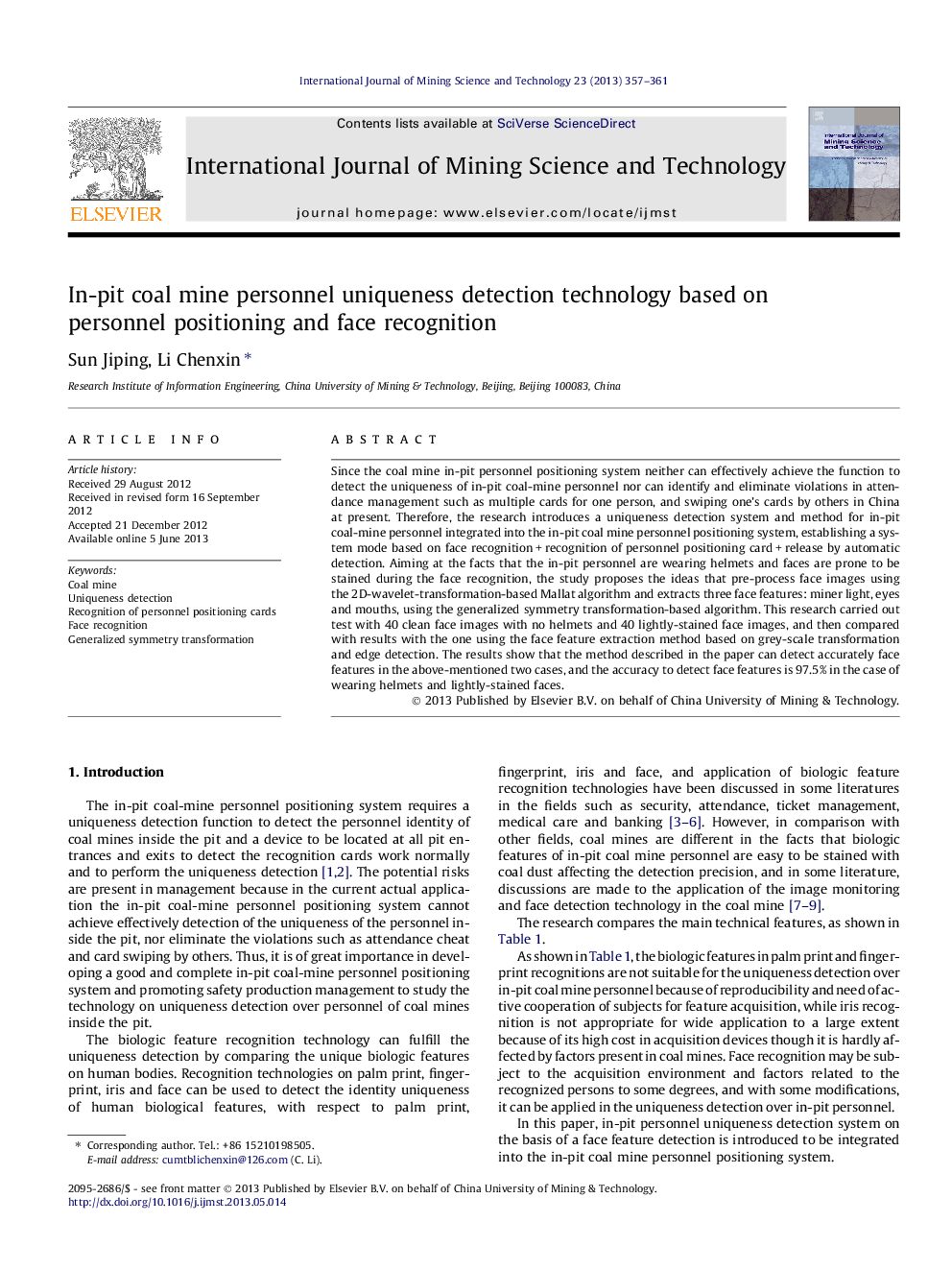 In-pit coal mine personnel uniqueness detection technology based on personnel positioning and face recognition