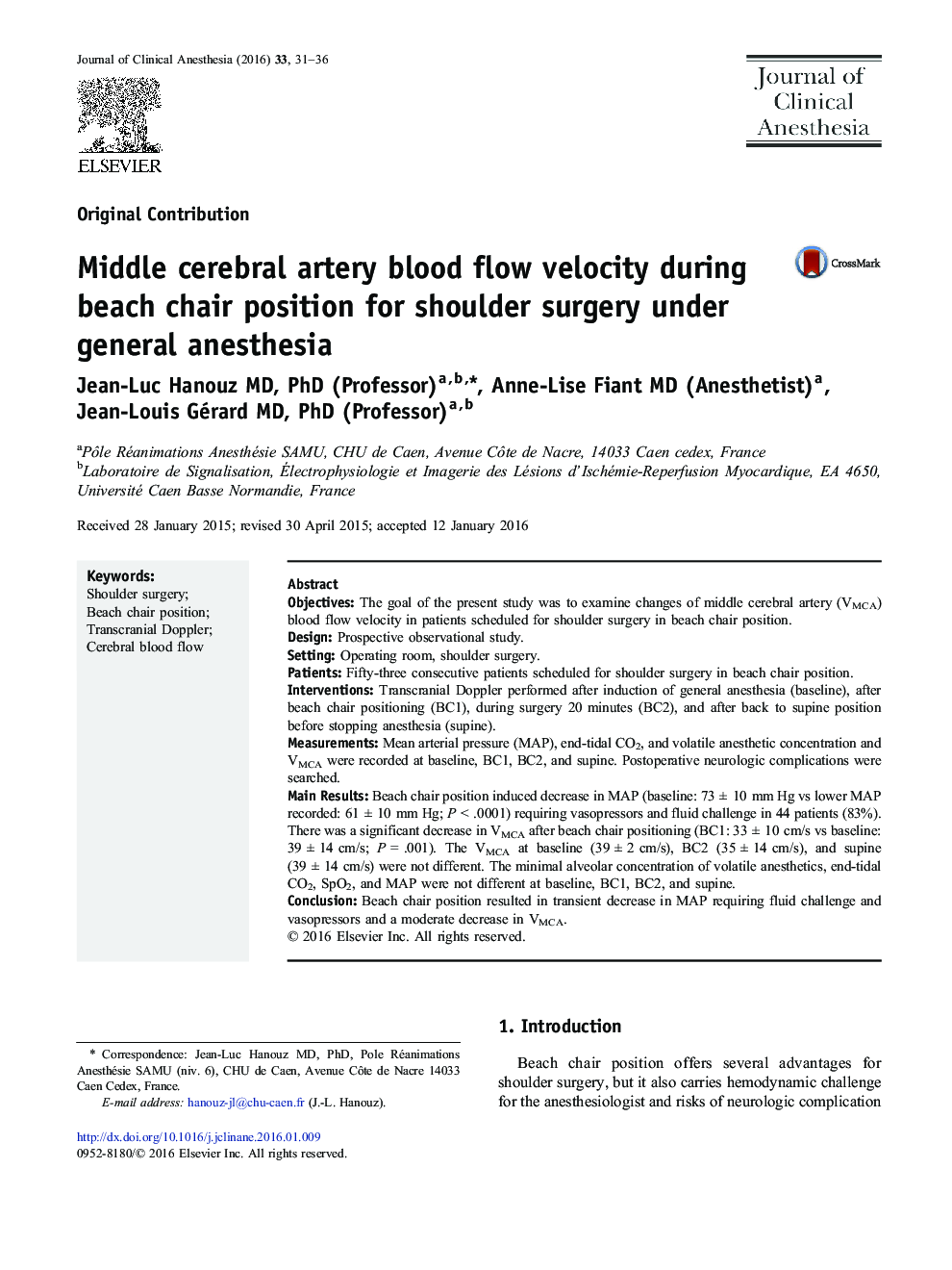Middle cerebral artery blood flow velocity during beach chair position for shoulder surgery under general anesthesia