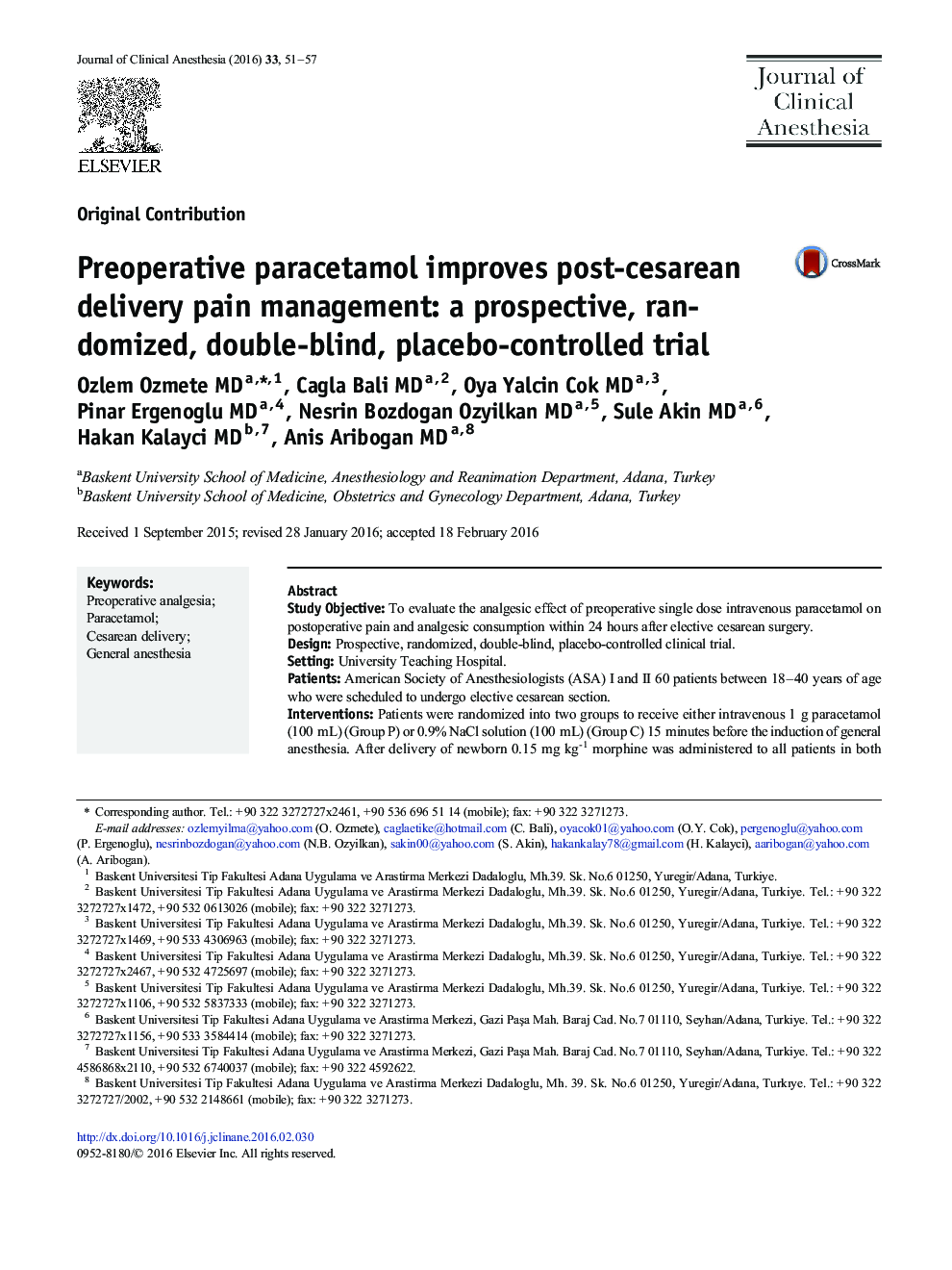 Preoperative paracetamol improves post-cesarean delivery pain management: a prospective, randomized, double-blind, placebo-controlled trial