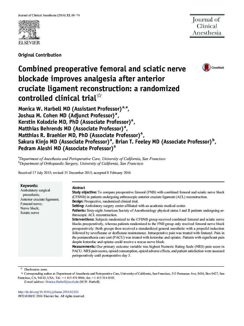 Combined preoperative femoral and sciatic nerve blockade improves analgesia after anterior cruciate ligament reconstruction: a randomized controlled clinical trial 