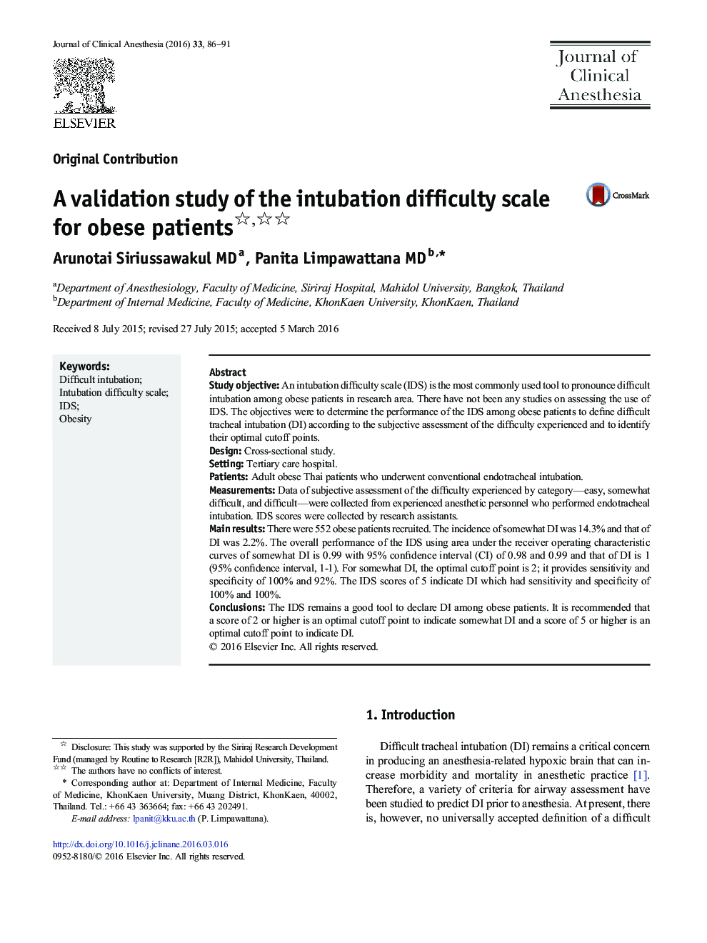 A validation study of the intubation difficulty scale for obese patients 