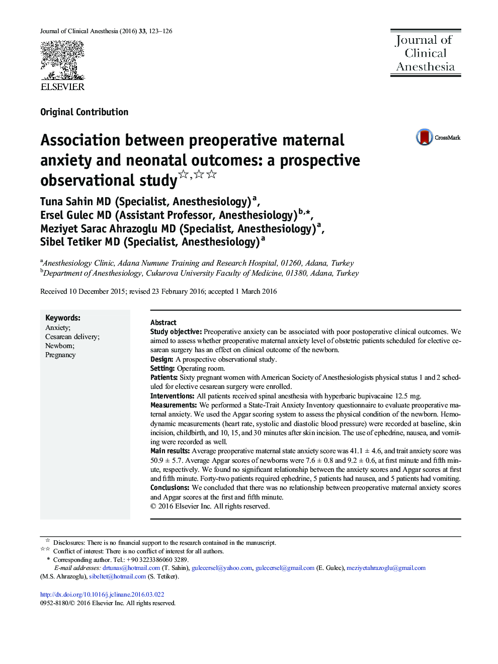 Association between preoperative maternal anxiety and neonatal outcomes: a prospective observational study 
