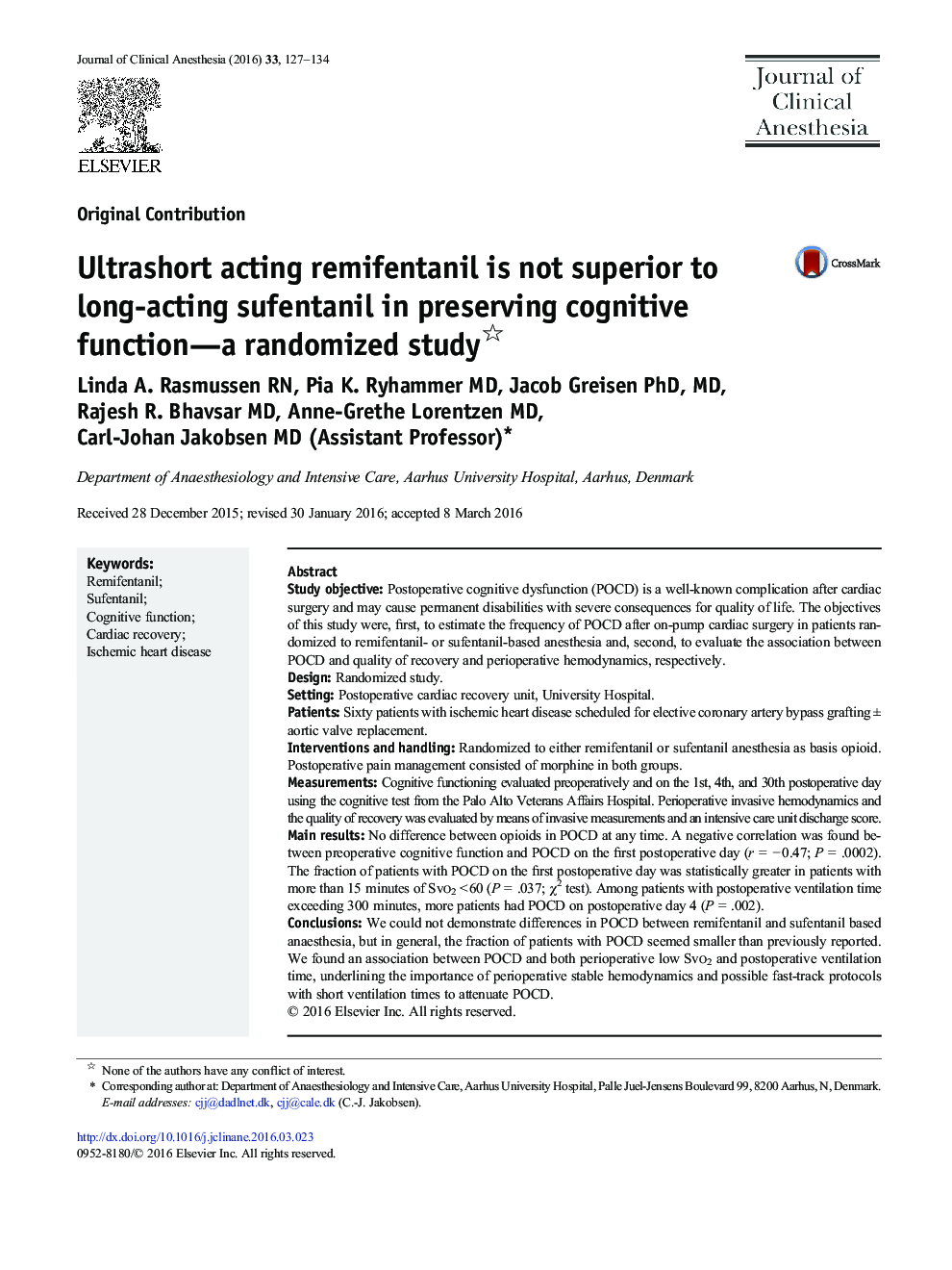 Ultrashort acting remifentanil is not superior to long-acting sufentanil in preserving cognitive function—a randomized study 