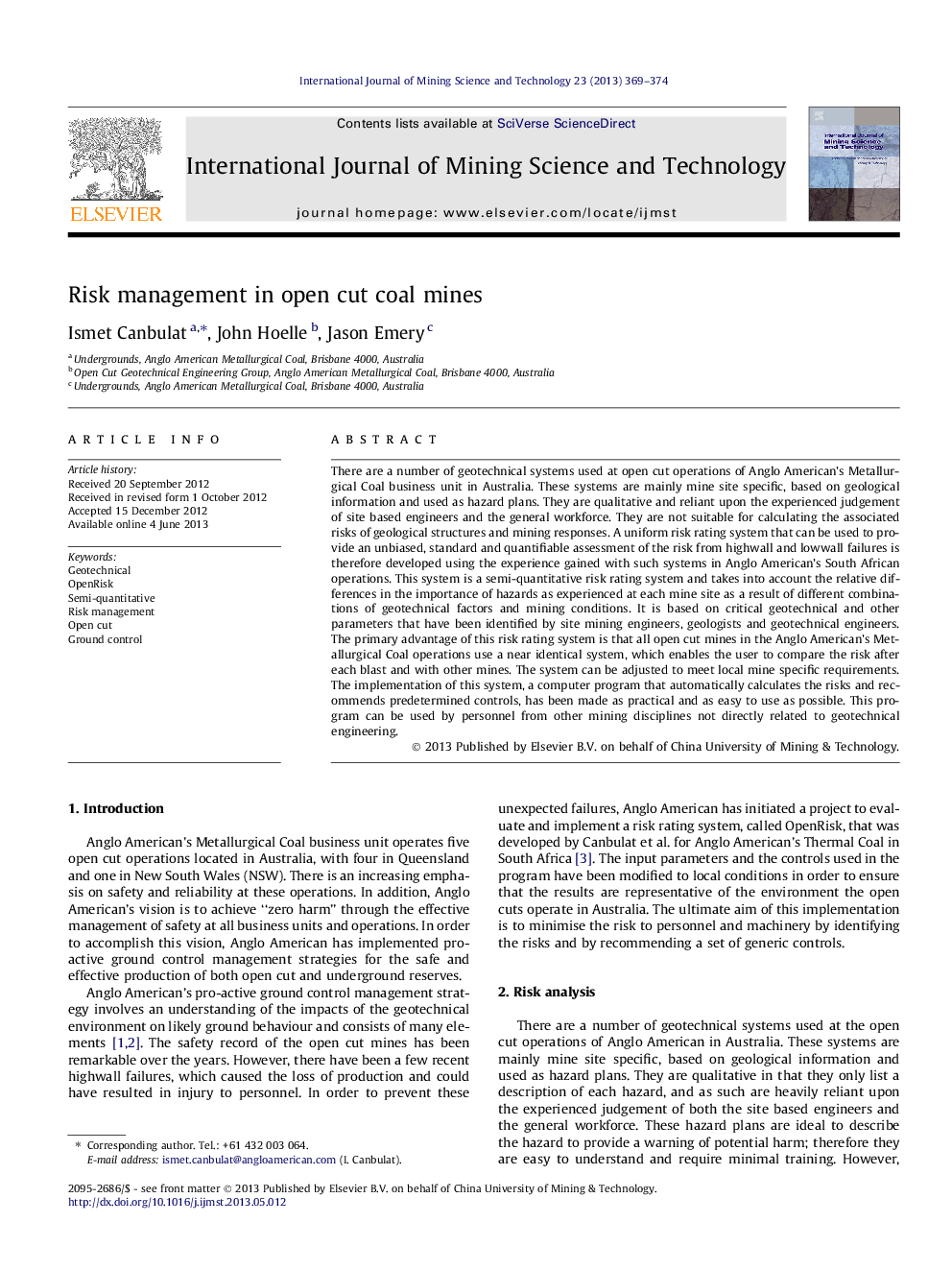 Risk management in open cut coal mines