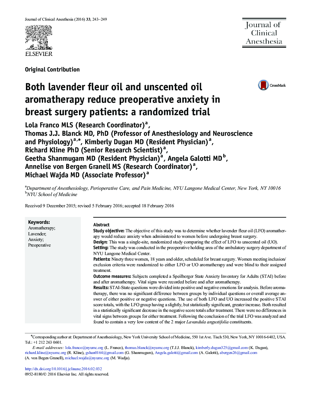 Both lavender fleur oil and unscented oil aromatherapy reduce preoperative anxiety in breast surgery patients: a randomized trial 