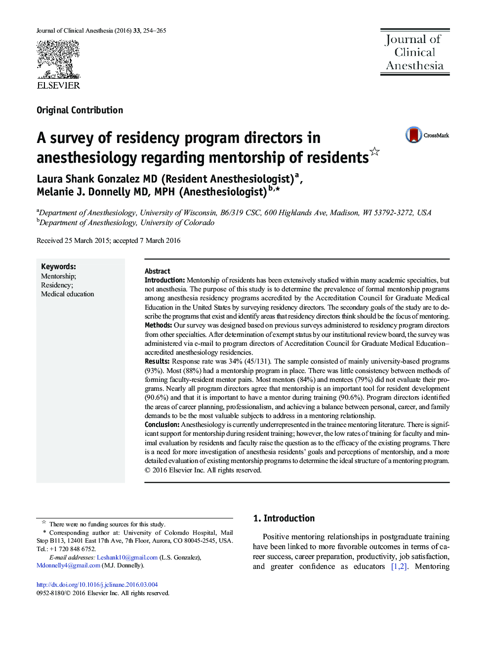 A survey of residency program directors in anesthesiology regarding mentorship of residents 
