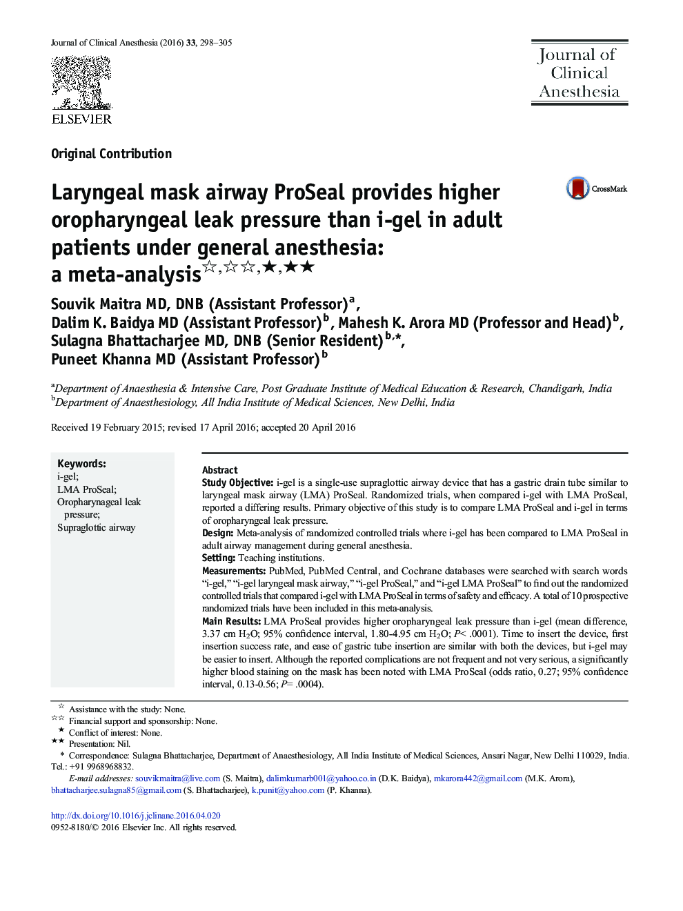 Laryngeal mask airway ProSeal provides higher oropharyngeal leak pressure than i-gel in adult patients under general anesthesia: a meta-analysis ★★★